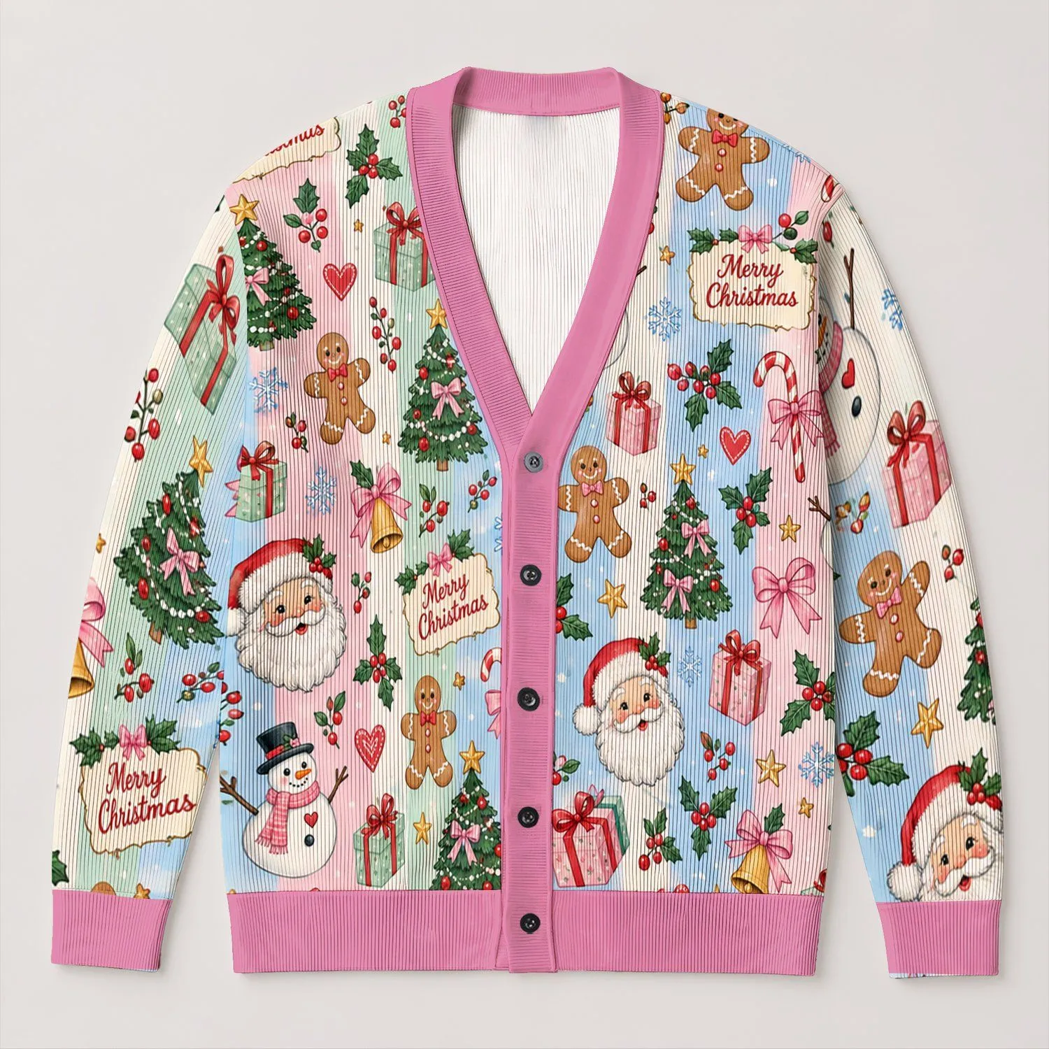 Pink Santa and Snowman Christmas Cheer for Festive Holiday Winter Celebrations All-over Print Knitted Cardigan - 1