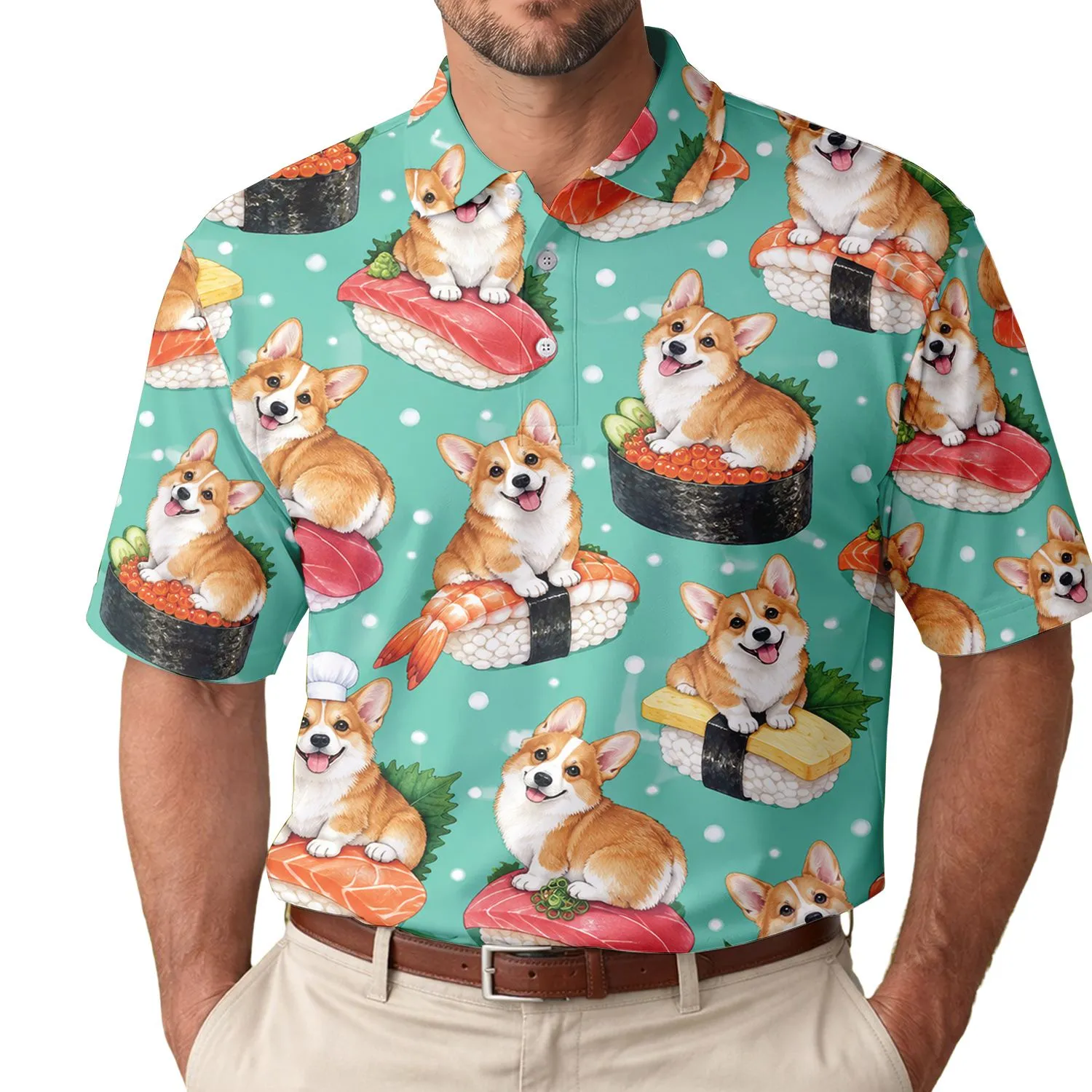 Corgi Sushi Golf Style for Japanese Food Lovers and Dog-Loving Women on Course Days Men's Polo Shirt - 1