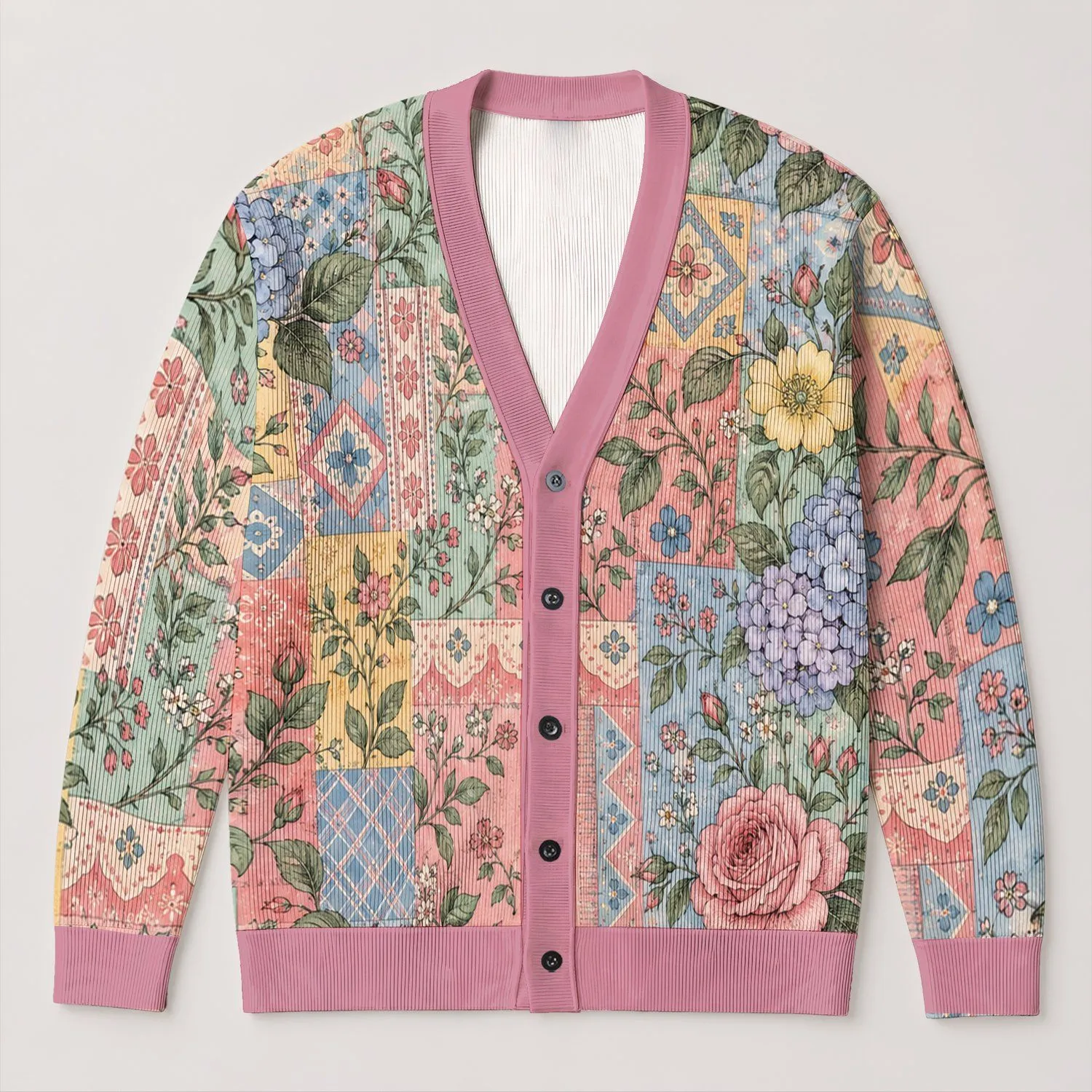 Pastel Patchwork Florals and Geometric Blocks for Spring Travel and Weekend Layering All-over Print Knitted Cardigan - 1
