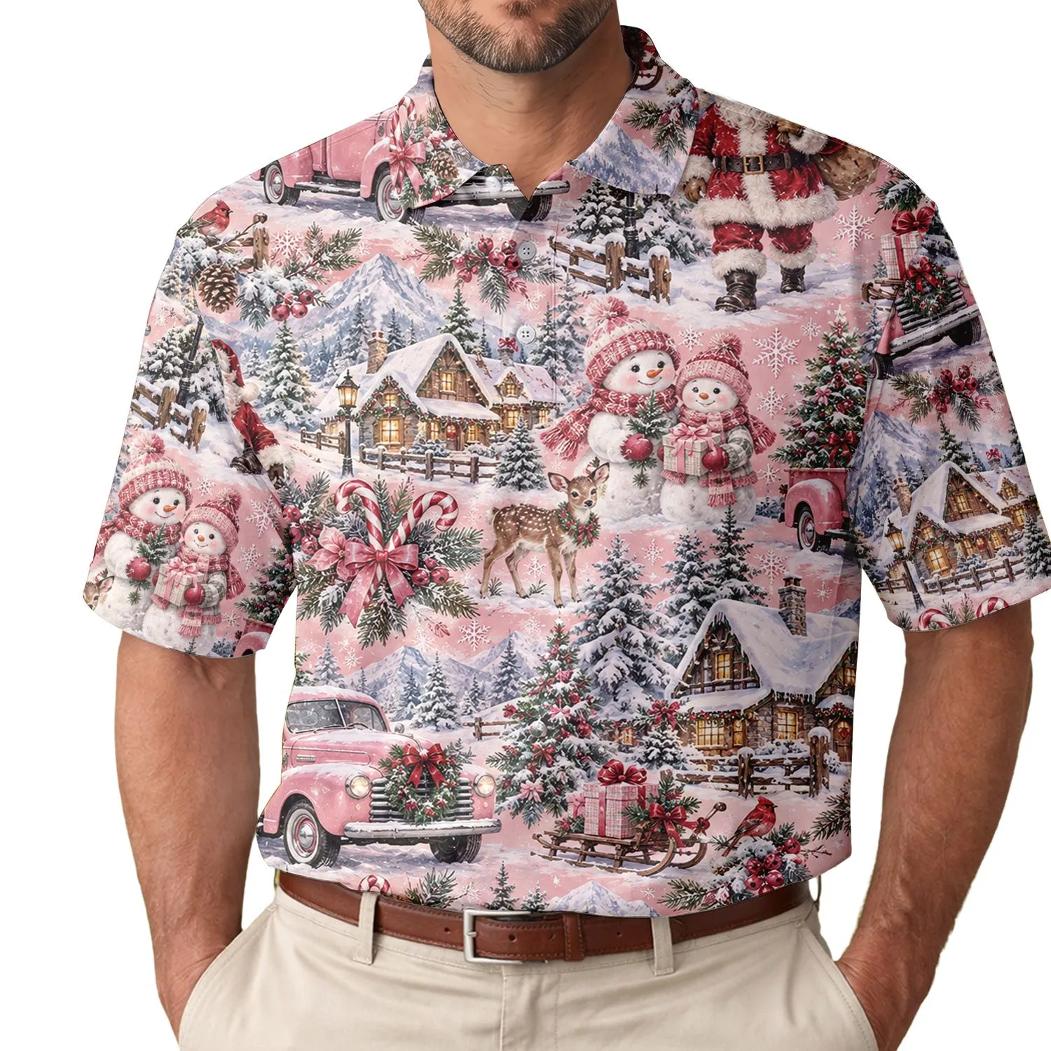 Pink Christmas Santa Trucks And Snowy Village Scenes For Festive Winter Golf Days Men's Polo Shirt - 1