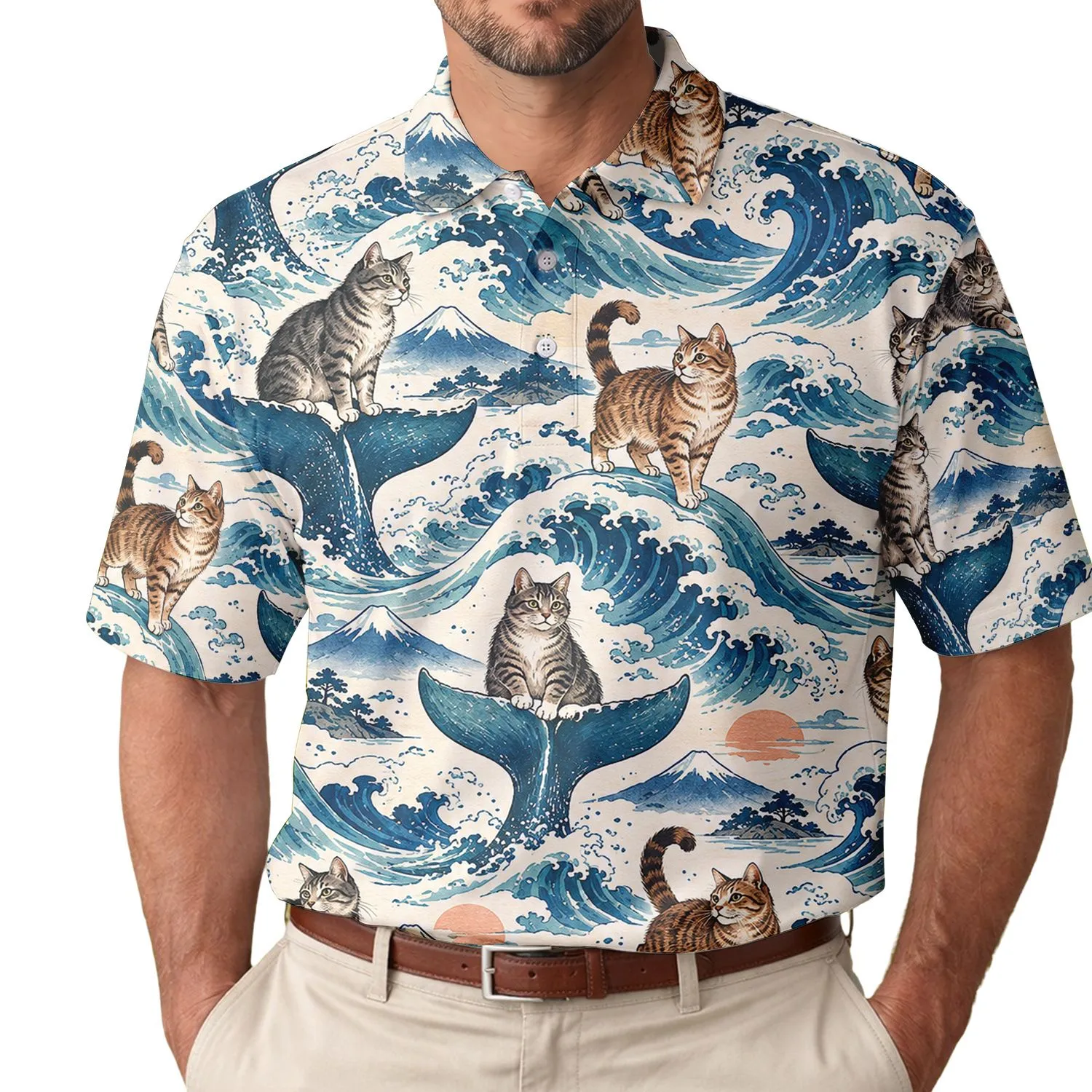 Ocean Cat Whale Golf Scene For Coastal Fairways And Nautical Cat Lovers Outdoors Men's Polo Shirt - 1