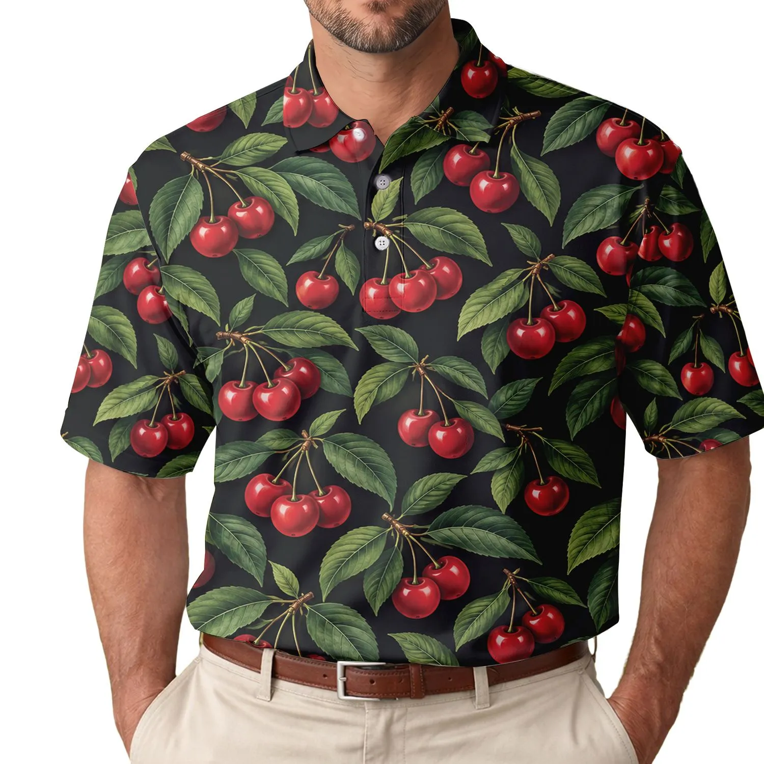 Red Cherry Botanical Garden Style for Golf Days and Summer Resort Outings, Women Men's Polo Shirt - 1