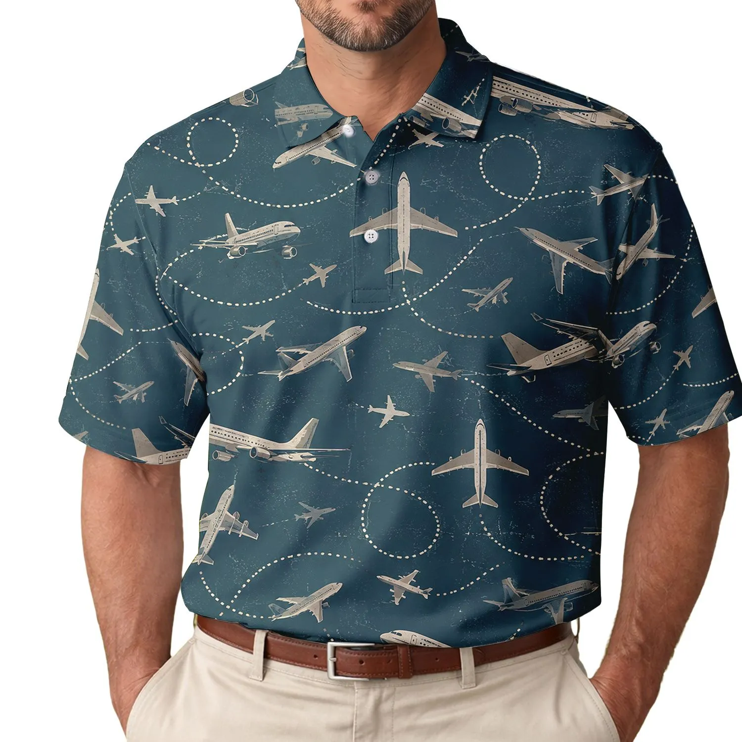 Airplane Flight Paths and Vintage Aircraft for Travel, Golf Days, and Pilot Lovers Men's Polo Shirt - 1