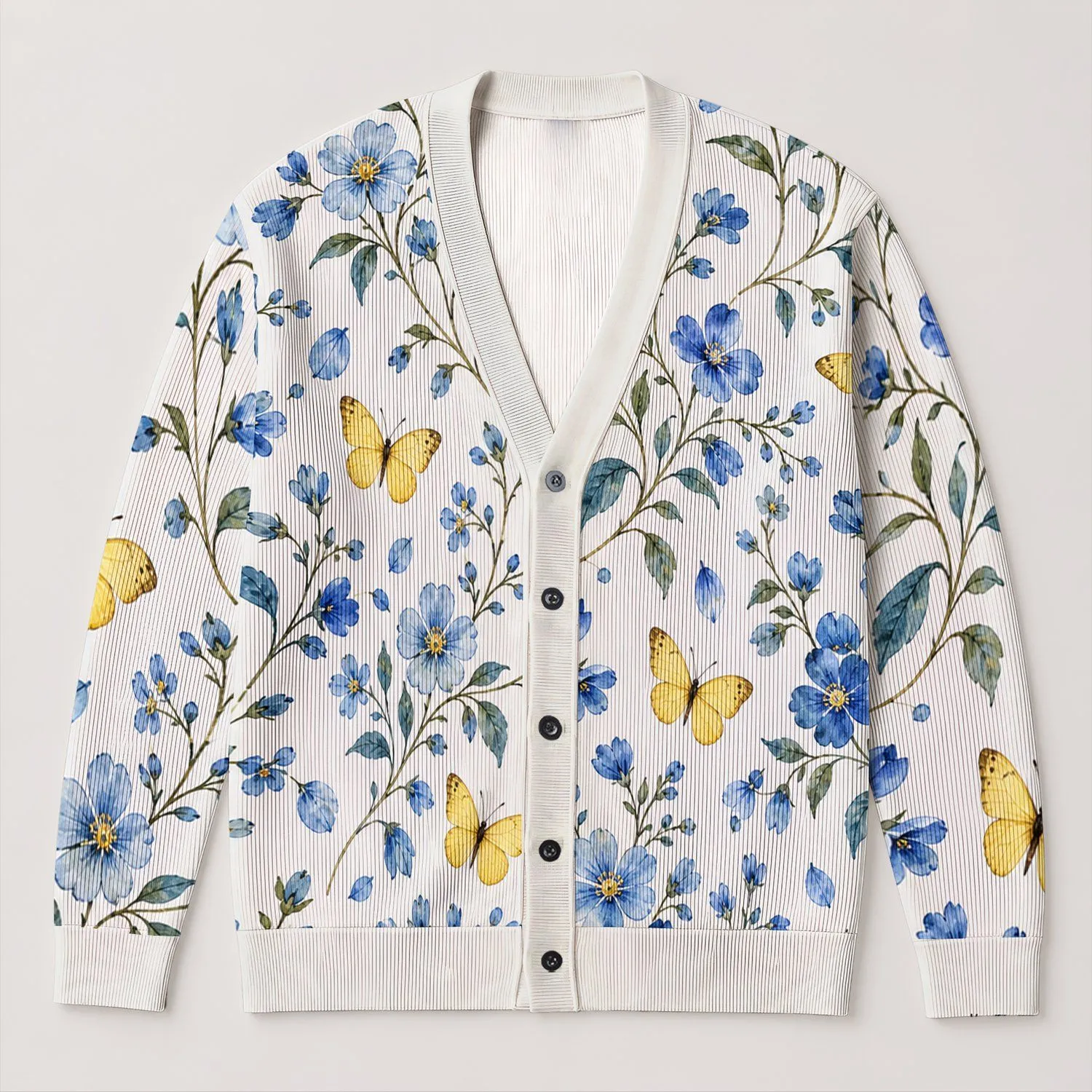 Blue Wildflowers And Golden Butterflies For Autumn Vacation And Everyday Layering All-over Print Knitted Cardigan - 1