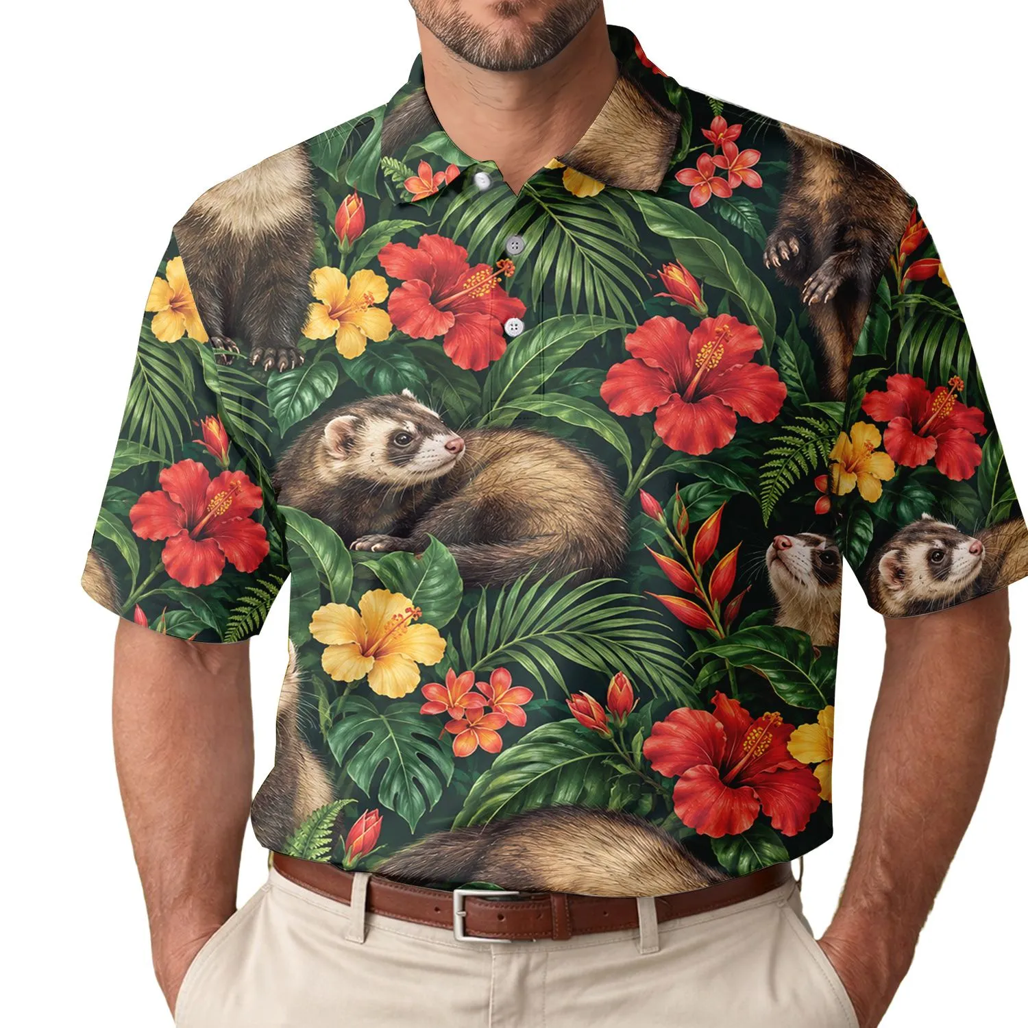 Tropical Ferrets And Hibiscus For Beach Golf Days And Summer Outings For Women Pet Lovers Men's Polo Shirt - 1