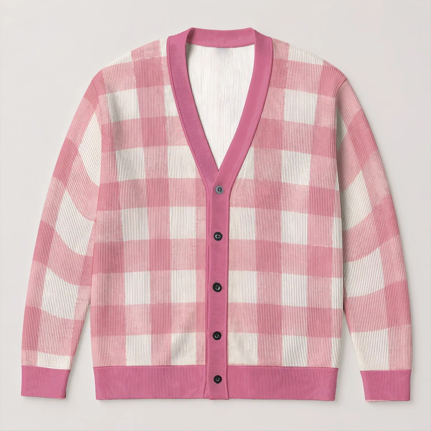 Pink Gingham Checks for Cozy Everyday Layering and Coffee Dates, Feminine Style All-over Print Knitted Cardigan - 1