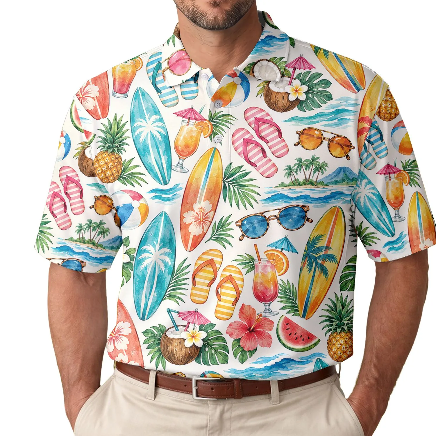 Tropical Surfboard Beach Vacation Style for Golf Tennis Resort Women Summer Wear Men's Polo Shirt - 1