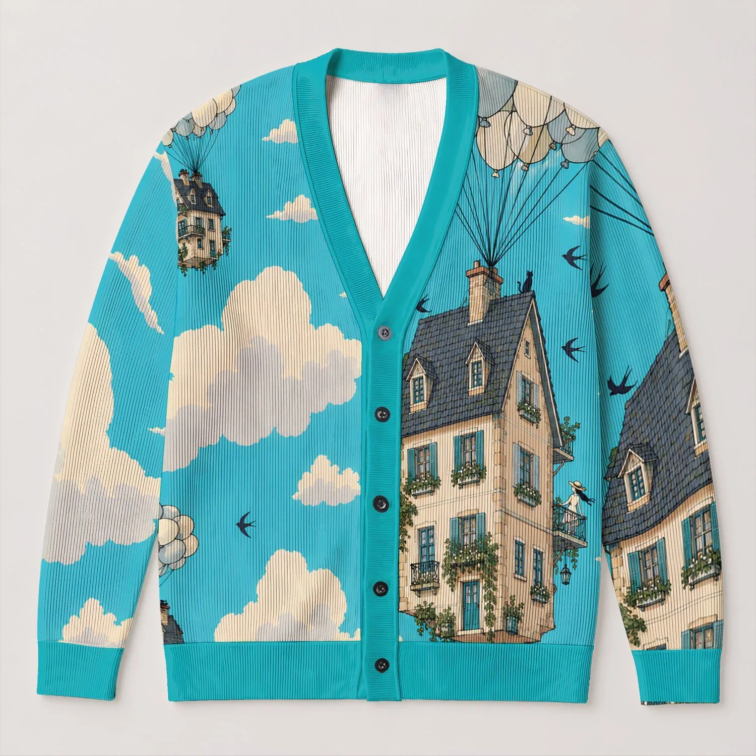 Balloon-Lifted Adventure House for Whimsical Everyday Wear and Animated Film Fans Gift All-over Print Knitted Cardigan - 1