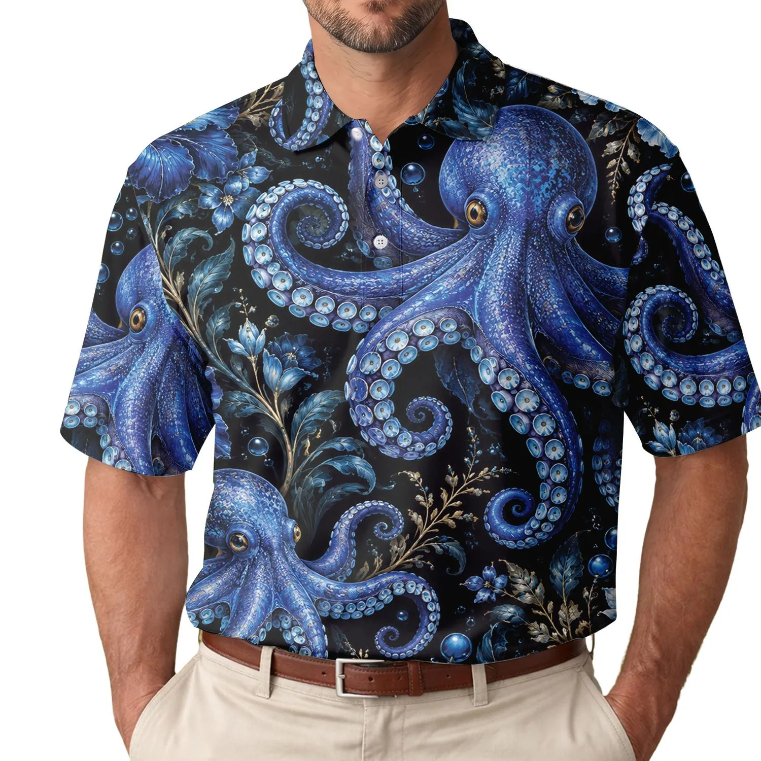 Blue Octopus And Ocean Flowers For Coastal Golf Days, Summer Leisure, Marine Lover Women Men's Polo Shirt - 1