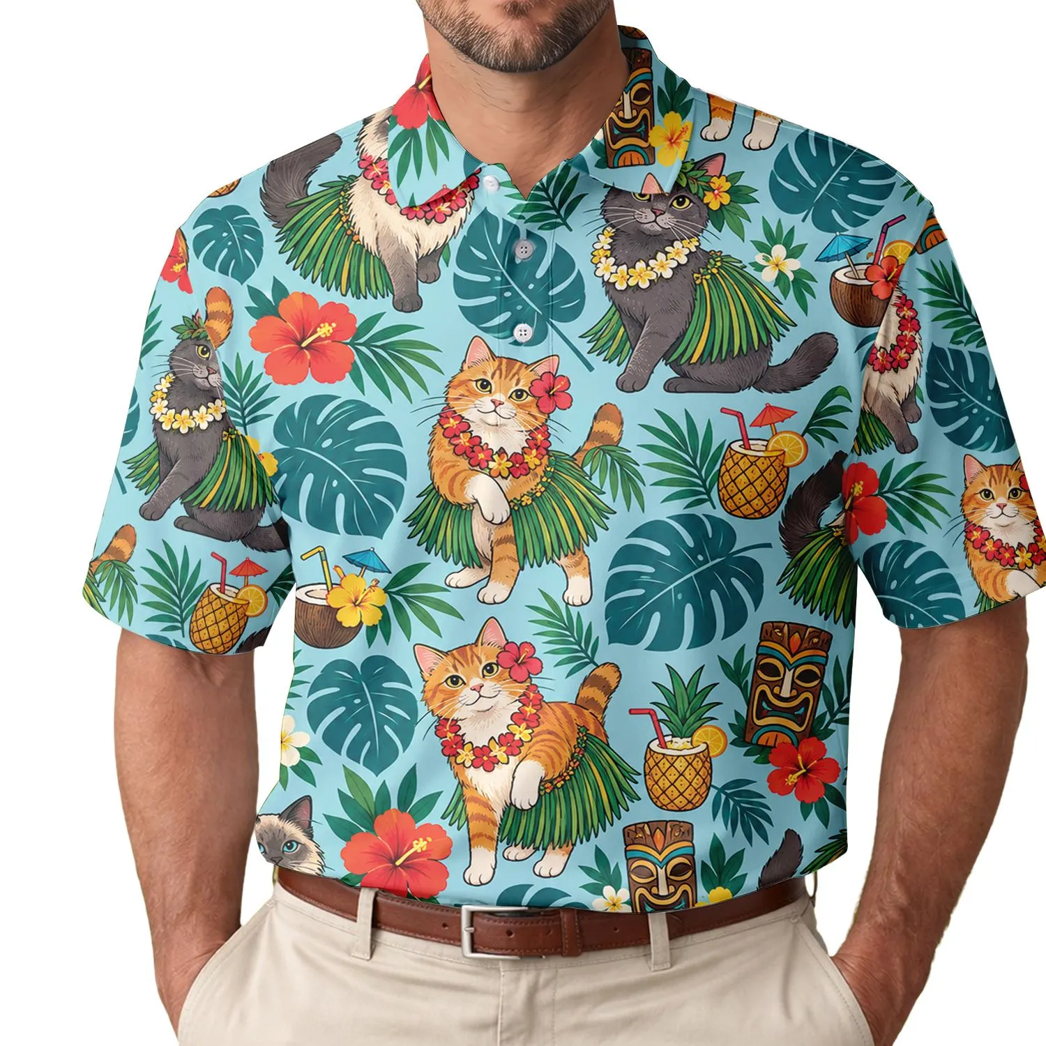 Tropical Tiki Cats And Hula Kitties For Luau Vacation And Beach Party Fun All Summer Men's Polo Shirt - 1