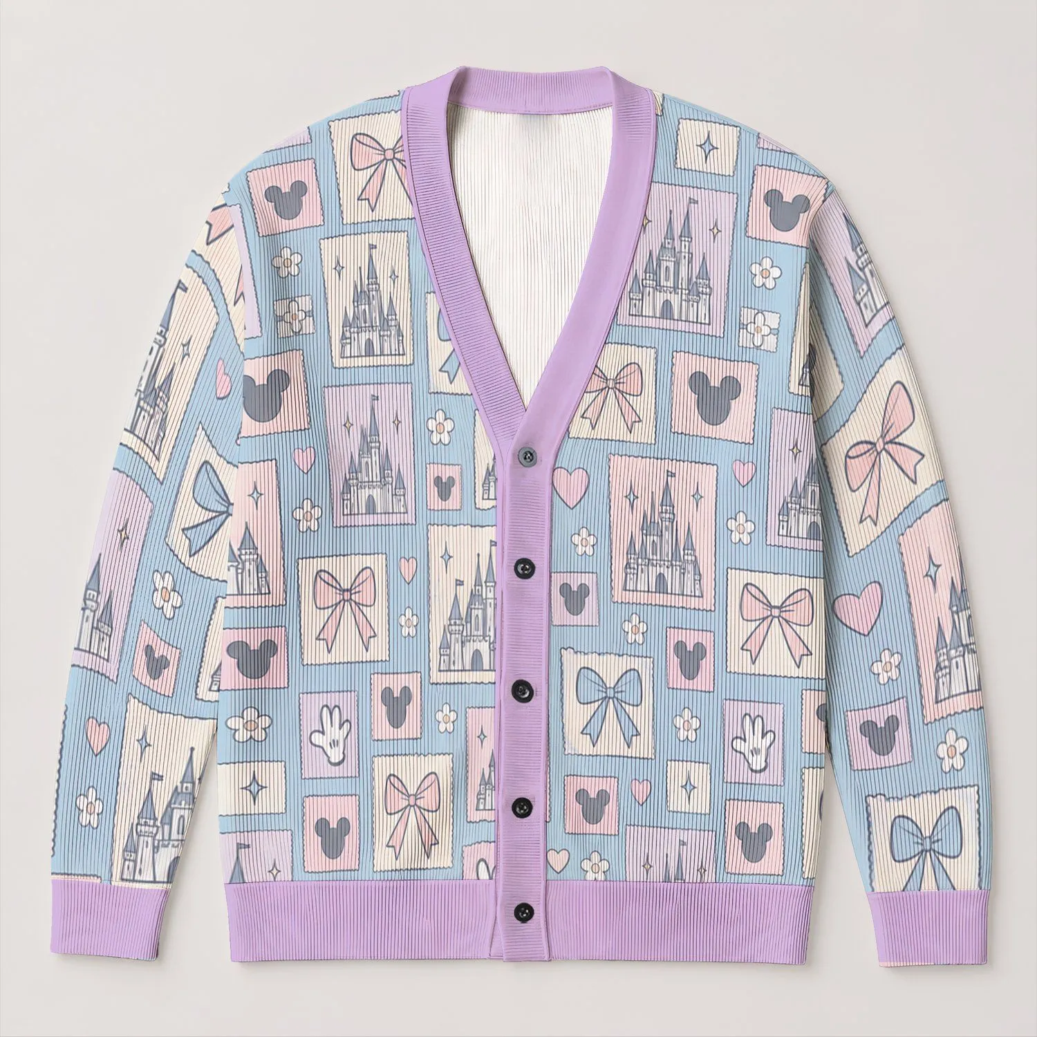 Pastel Castle And Mouse Ear Motifs For Magical Theme Park Trips And Family Vacations All-over Print Knitted Cardigan - 1