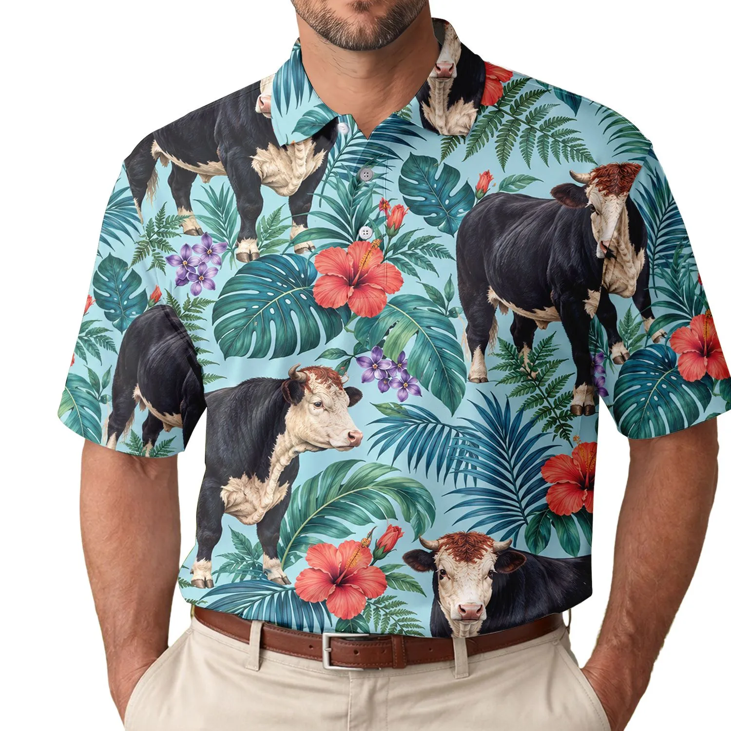 Hereford Cows Amid Tropical Blooms for Country Summer Gatherings and Farm Days Men's Polo Shirt - 1