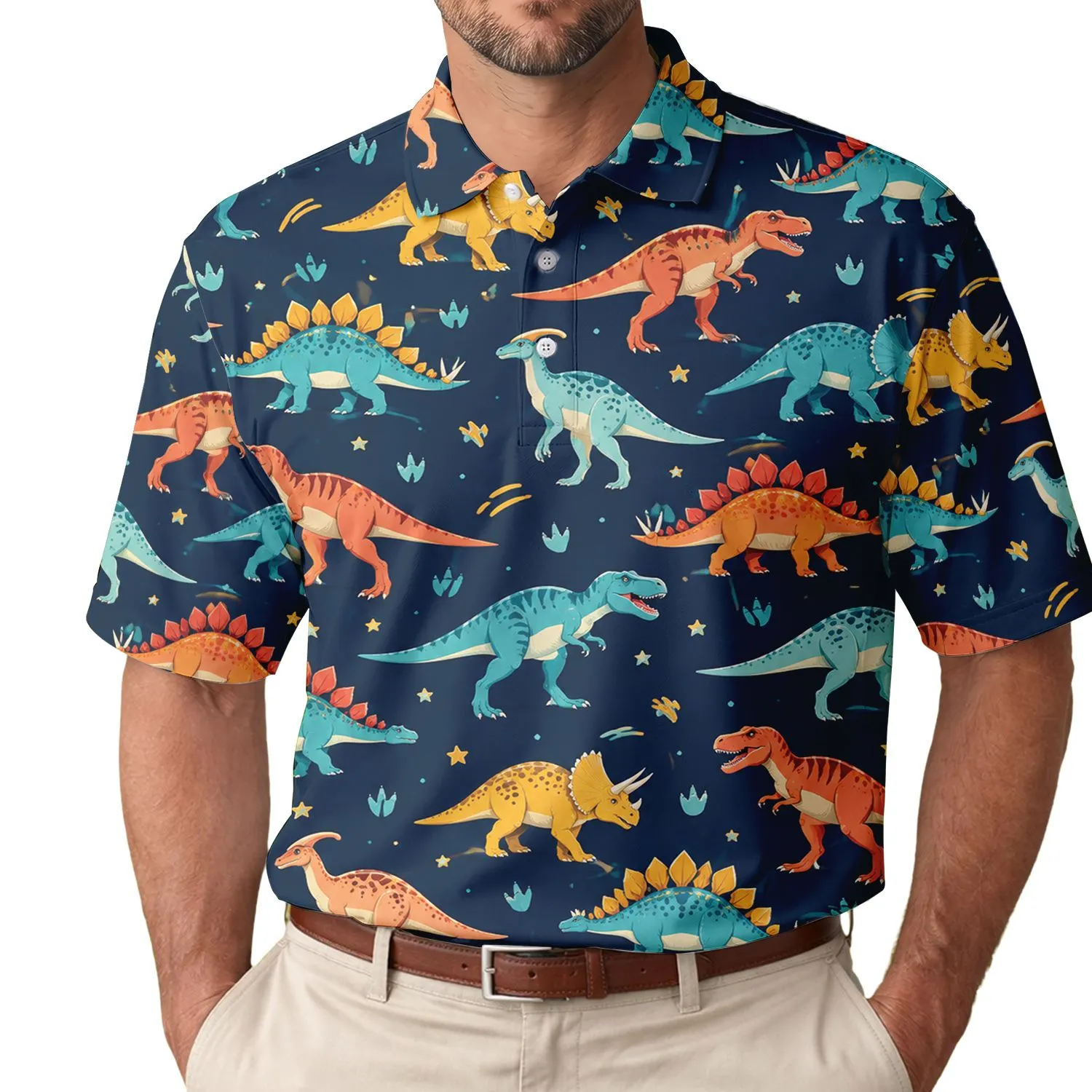 Colorful Dinosaur Parade For Weekend Golf And Casual Adventures For Dino Lovers Men's Polo Shirt - 1