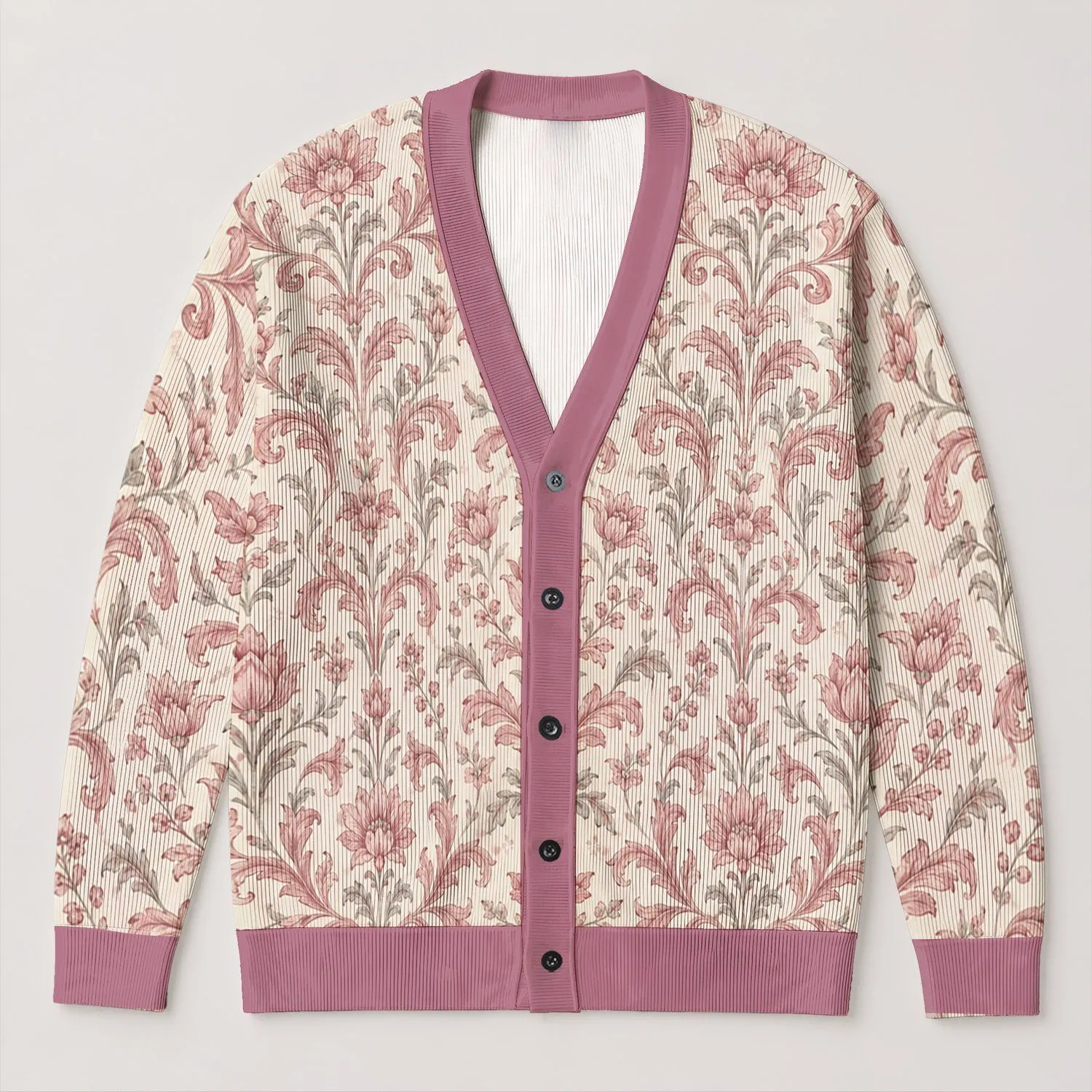 Dusty Rose Vintage Floral Motifs For Layering And Elegant Everyday Fall Style For Women All-over Print Knitted Cardigan - 1