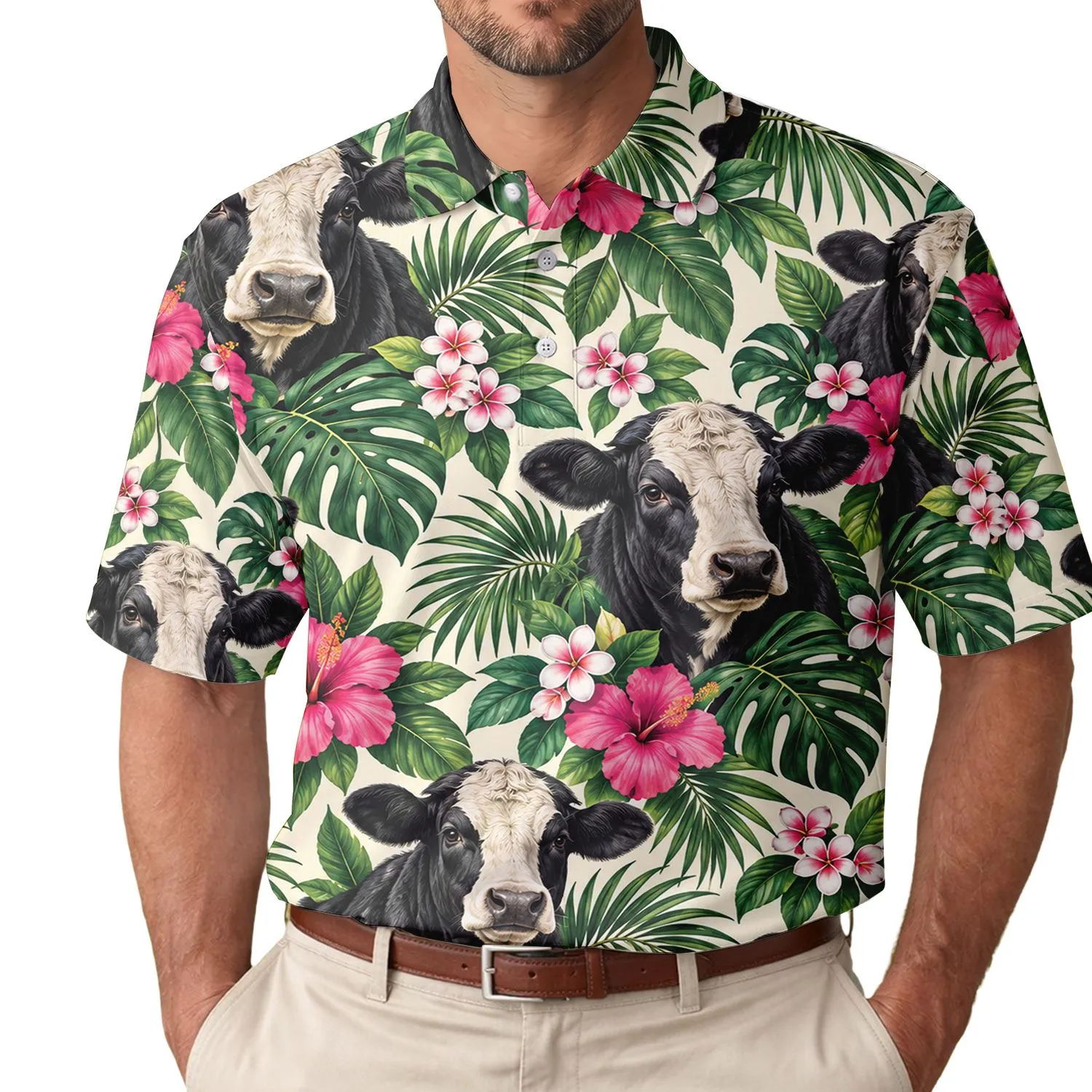 Black Hereford Cattle And Hibiscus For Tropical Ranch Style And Summer Getaways Men's Polo Shirt - 1