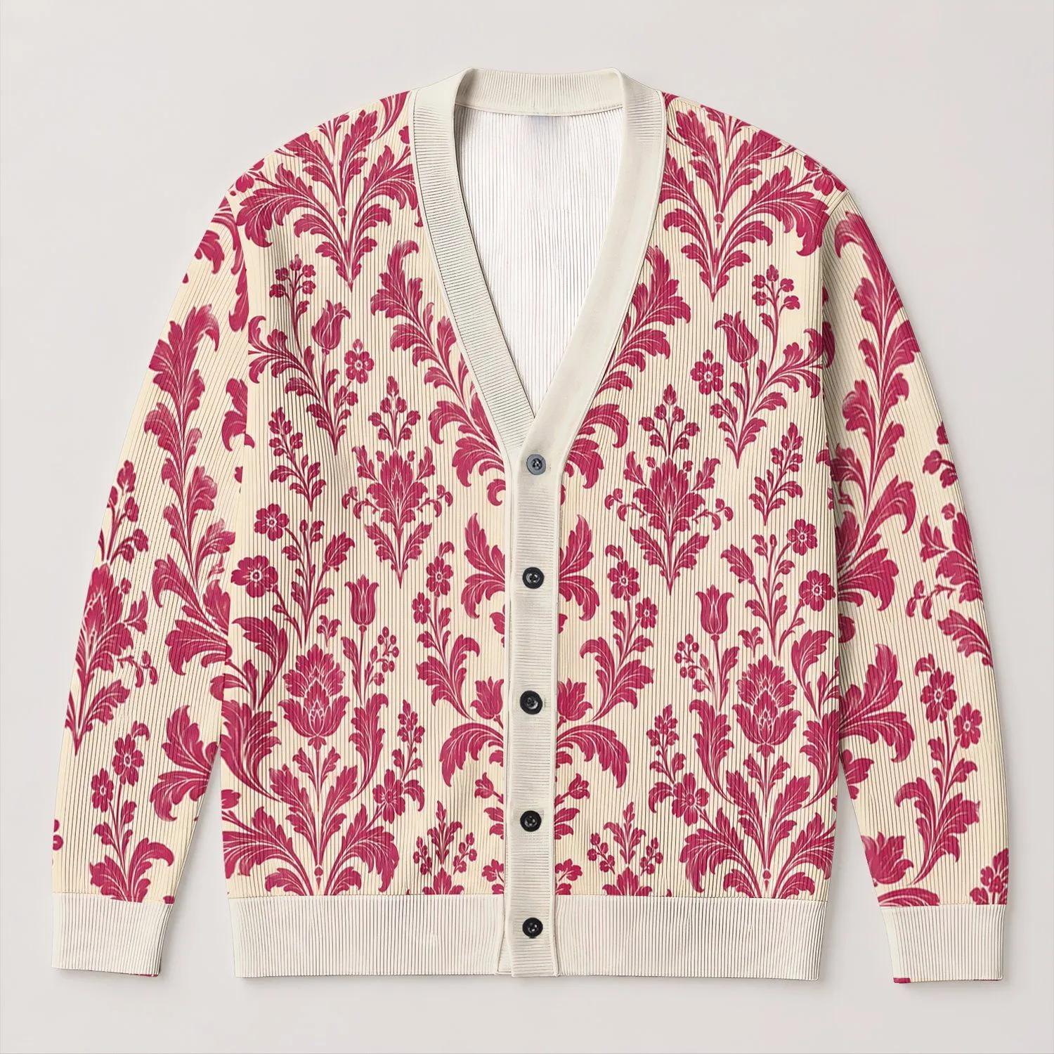 Magenta Damask Florals for Everyday Layering, Casual Elegance, and Romantic Wardrobes All-over Print Knitted Cardigan - 1