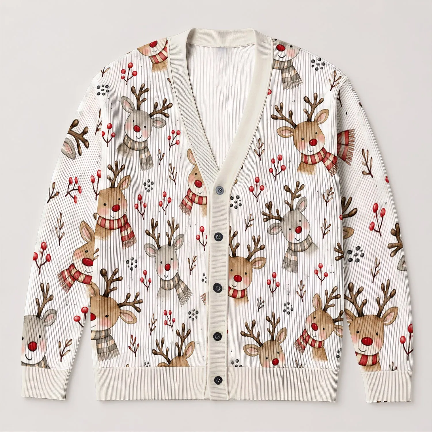 Playful Reindeer Scarf Motifs For Cozy Winter Layering And Festive Everyday Style All-over Print Knitted Cardigan - 1