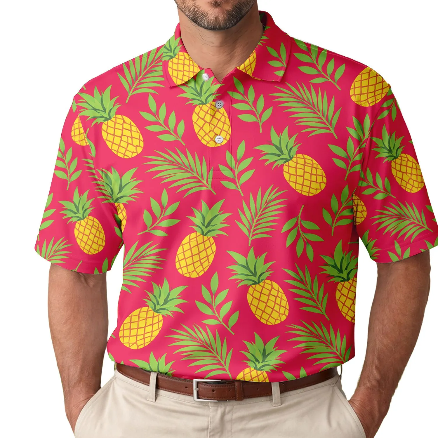Red Pineapple And Tropical Palm Fruit For Vibrant Summer Beach Getaways And Resort Days Men's Polo Shirt - 1