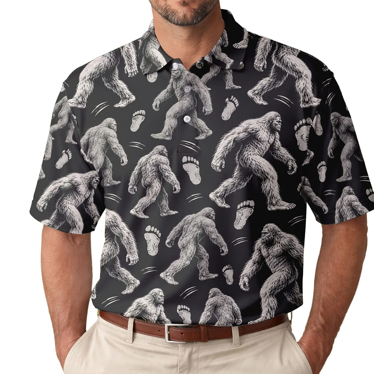 Monochrome Bigfoot Silhouettes for Outdoor Adventures, Hiking and Cryptid Fan Gifts Men's Polo Shirt - 1