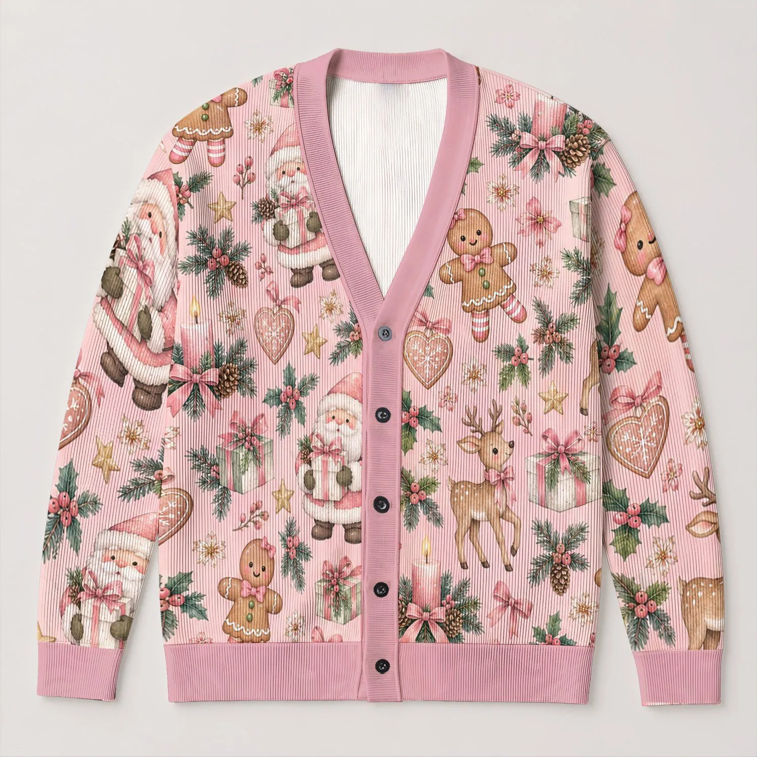 Blush Gingerbread Holiday Characters for Cozy Winter Gatherings and Festive Women All-over Print Knitted Cardigan - 1