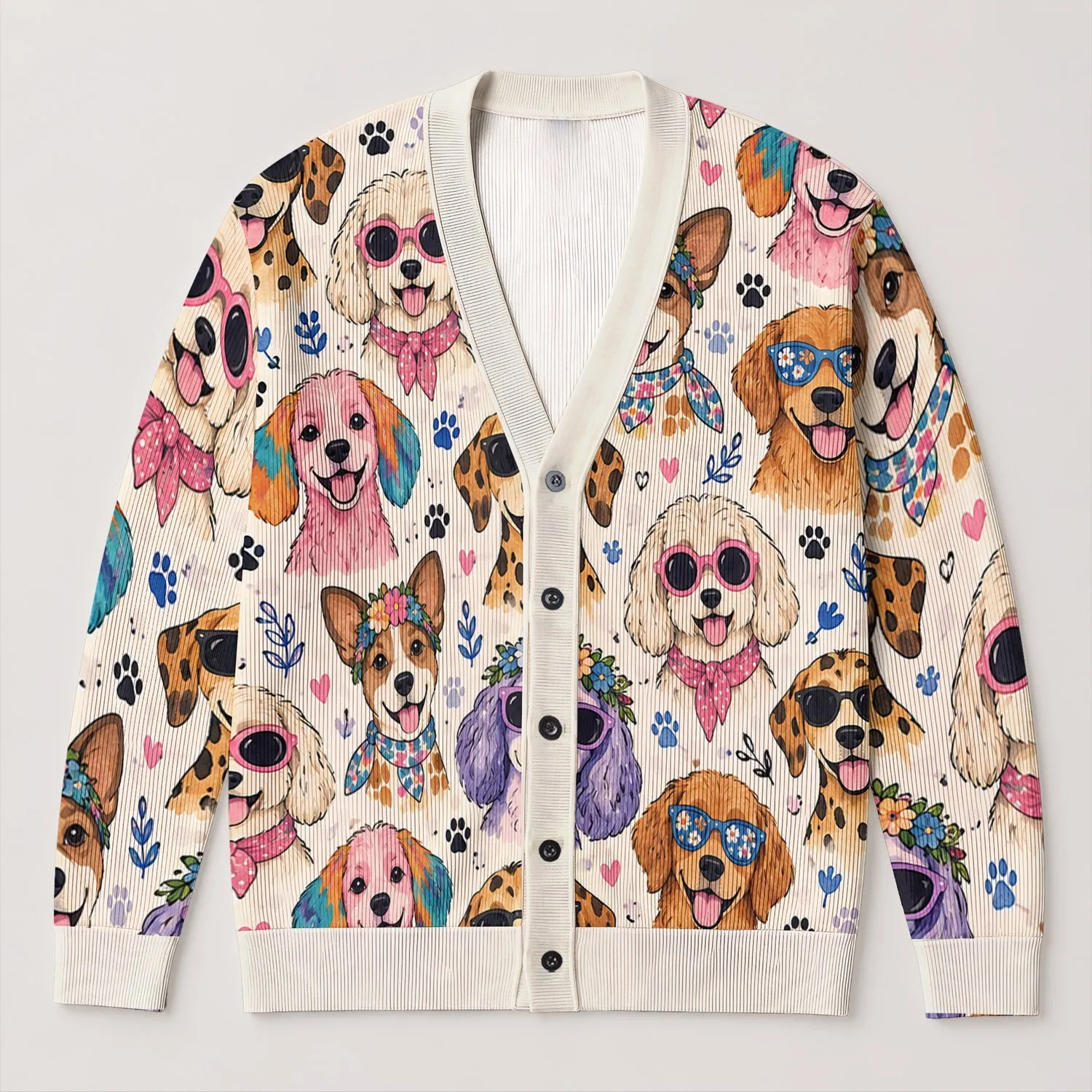 Colorful Sunglasses Dog Portraits for Cozy Fall Layering Everyday Wear and Pet Lover Gifts All-over Print Knitted Cardigan - 1