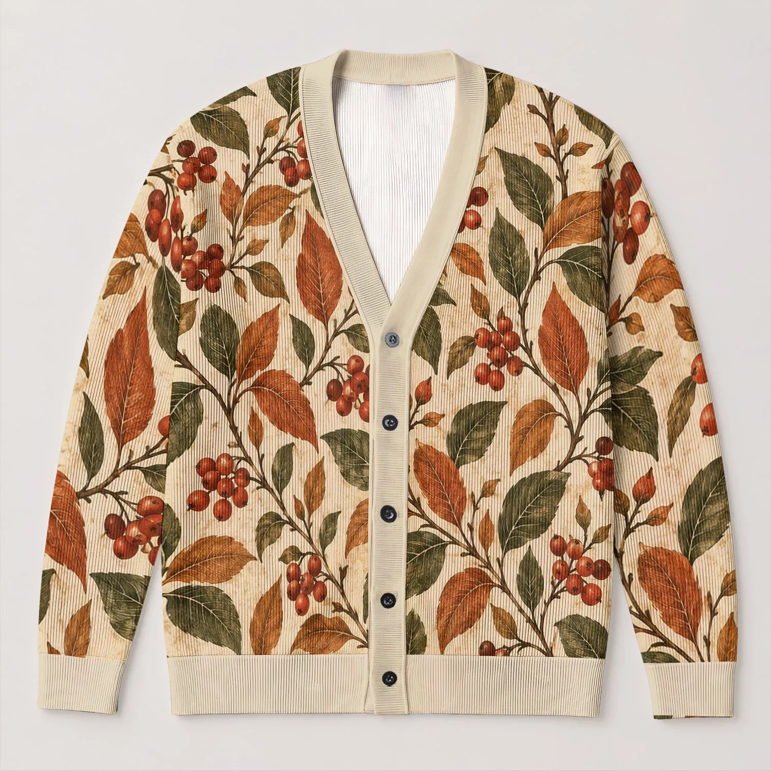 Autumn Orange Leaves And Red Berries For Cozy Everyday Layering Women's Boho Wardrobe All-over Print Knitted Cardigan - 1