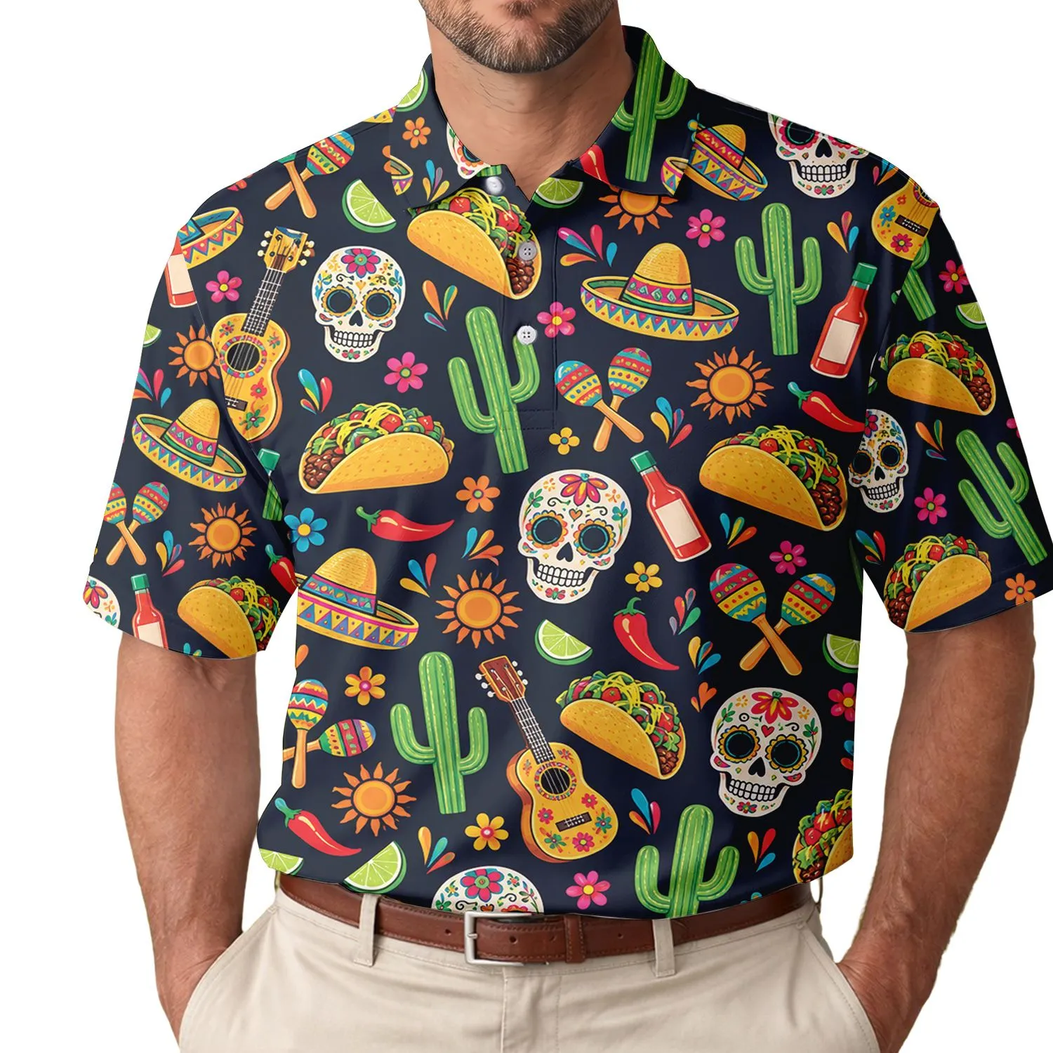 Neon Sugar Skull Taco Fiesta for Cinco de Mayo Celebrations and Party Nights With Friends Men's Polo Shirt - 1