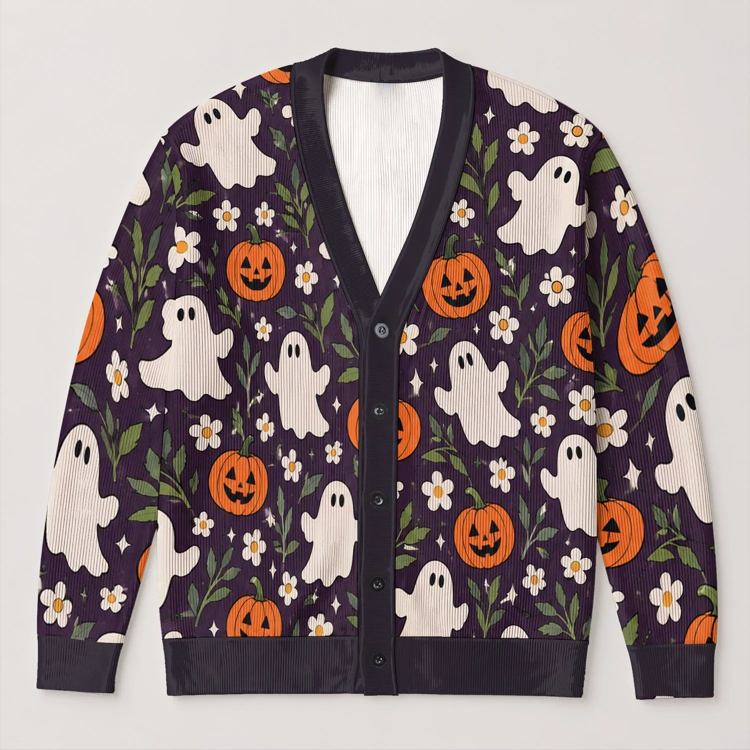 Halloween Ghost Pumpkin Daisy Motifs for Cozy Autumn Layering and Casual Boho Women All-over Print Knitted Cardigan - 1