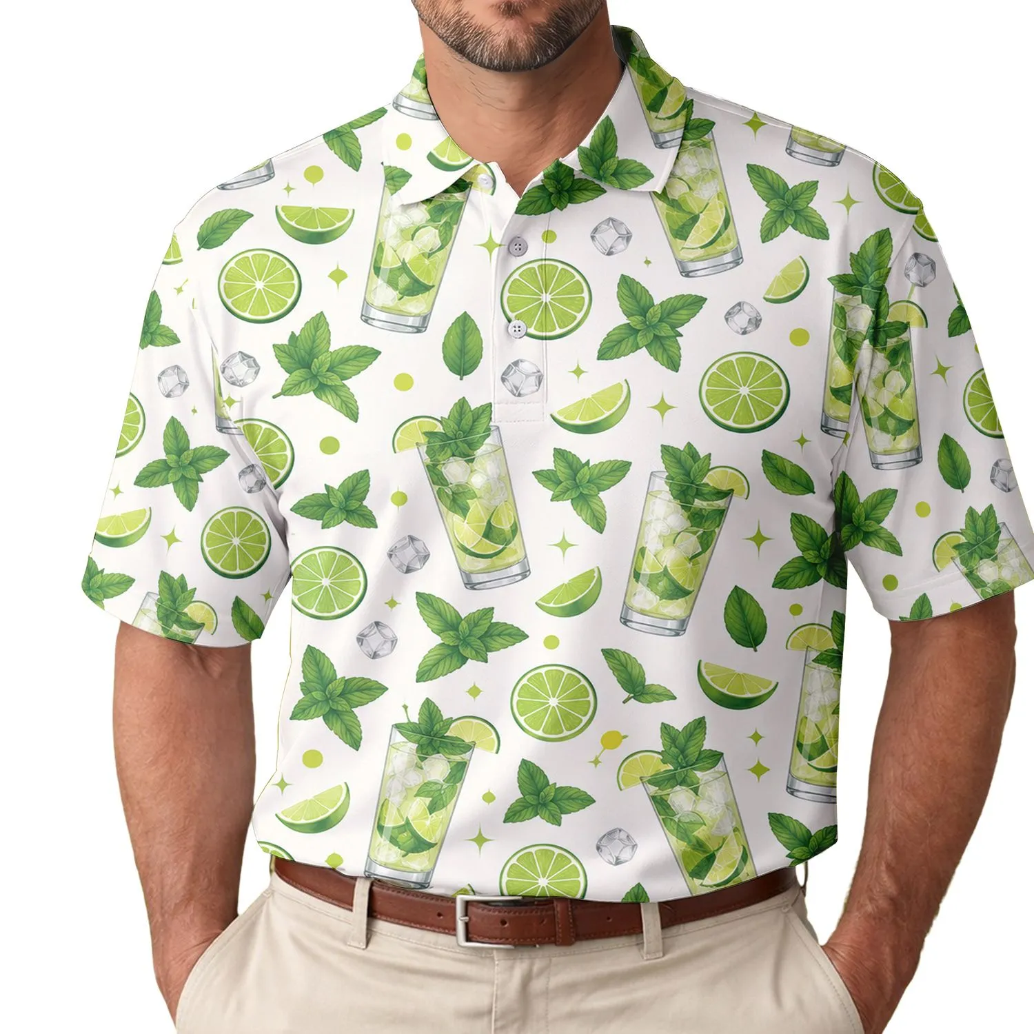 Fresh Mojito Lime Cocktail Motifs for Tropical Summer Holidays and Golf Getaways Men's Polo Shirt - 1