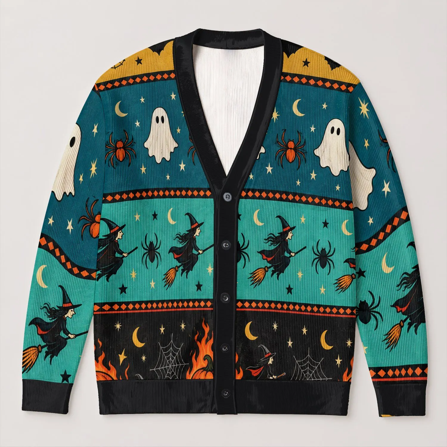 Halloween Pumpkins, Bats, Ghosts and Witches for Spooky Autumn Celebrations All-over Print Knitted Cardigan - 1