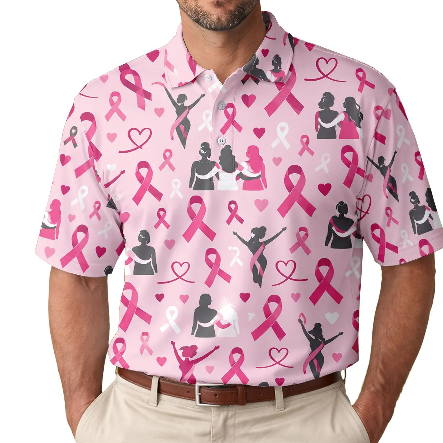 Pink Ribbon Breast Cancer Awareness Motifs for Support Events and Survivor Gifts Men's Polo Shirt - 1