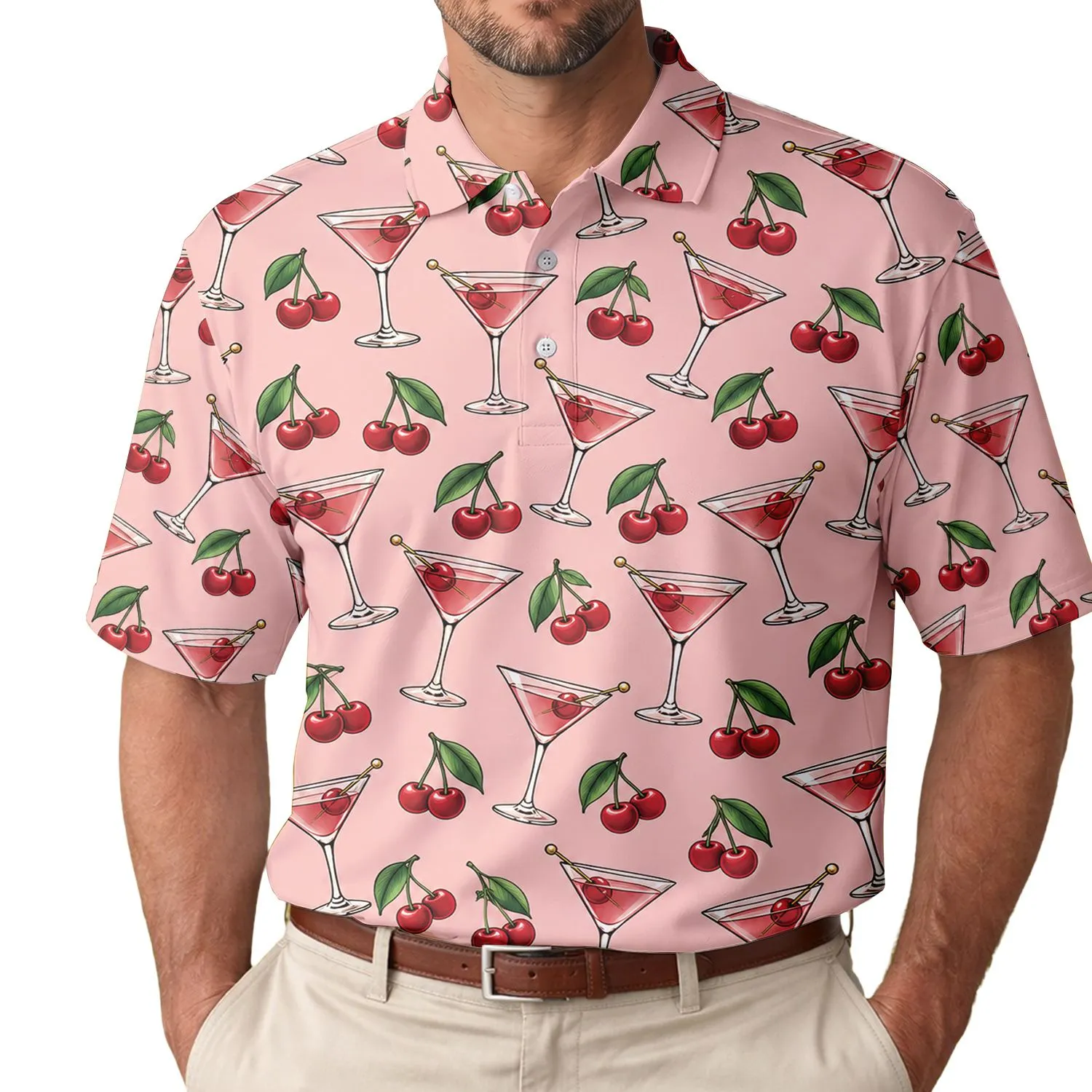 Pink Martini Glasses And Cherries For Summer Parties And Tropical Getaways Men's Polo Shirt - 1