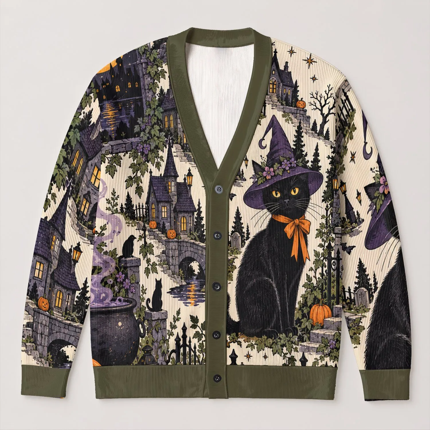 Black Cat Witch and Haunted House Halloween Charm for Cozy October Gift Seekers All-over Print Knitted Cardigan - 1