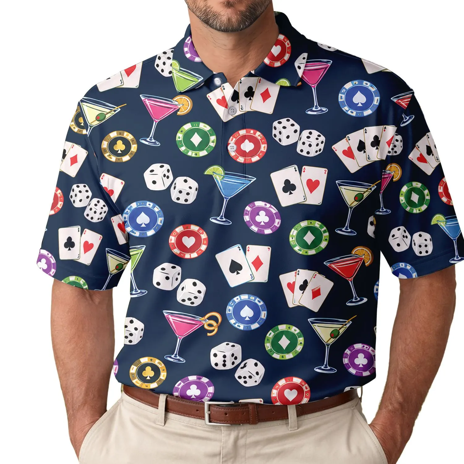 Neon Casino Cards, Dice And Cocktails For Lucky Night Gaming And Las Vegas Parties Men's Polo Shirt - 1