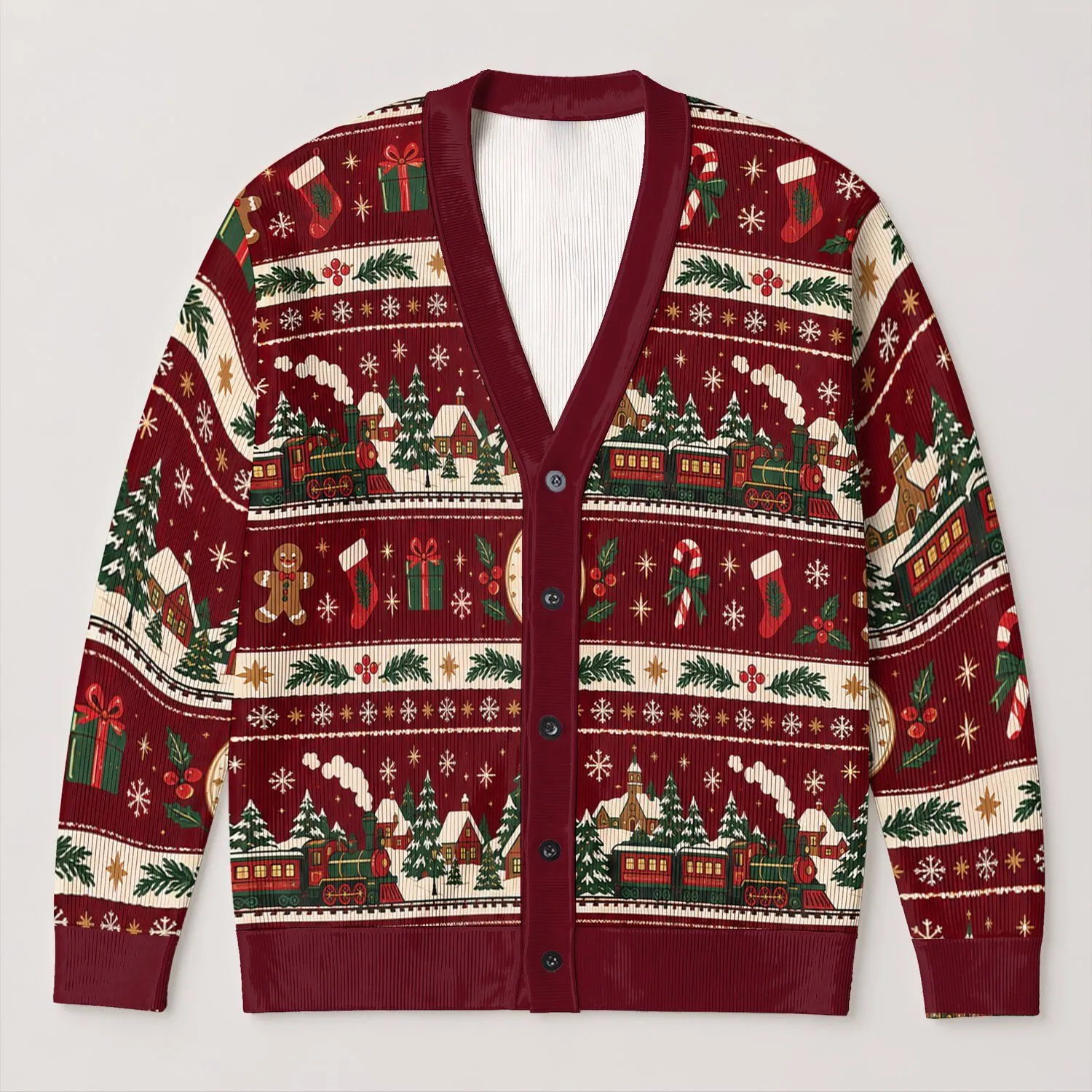 Christmas Village Train and Nutcracker Holiday Cheer for Festive Family Gatherings All-over Print Knitted Cardigan - 1