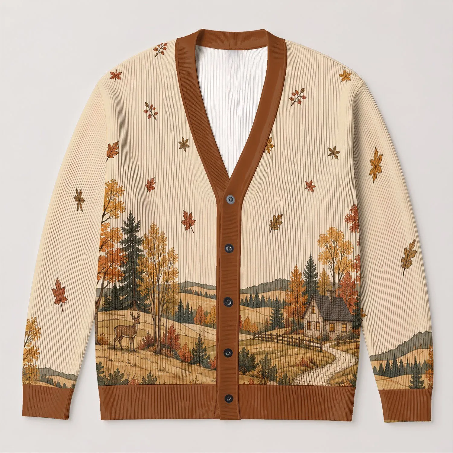 Autumn Cottage Countryside Scenes for Thanksgiving Gatherings and Cozy Fall Days All-over Print Knitted Cardigan - 1