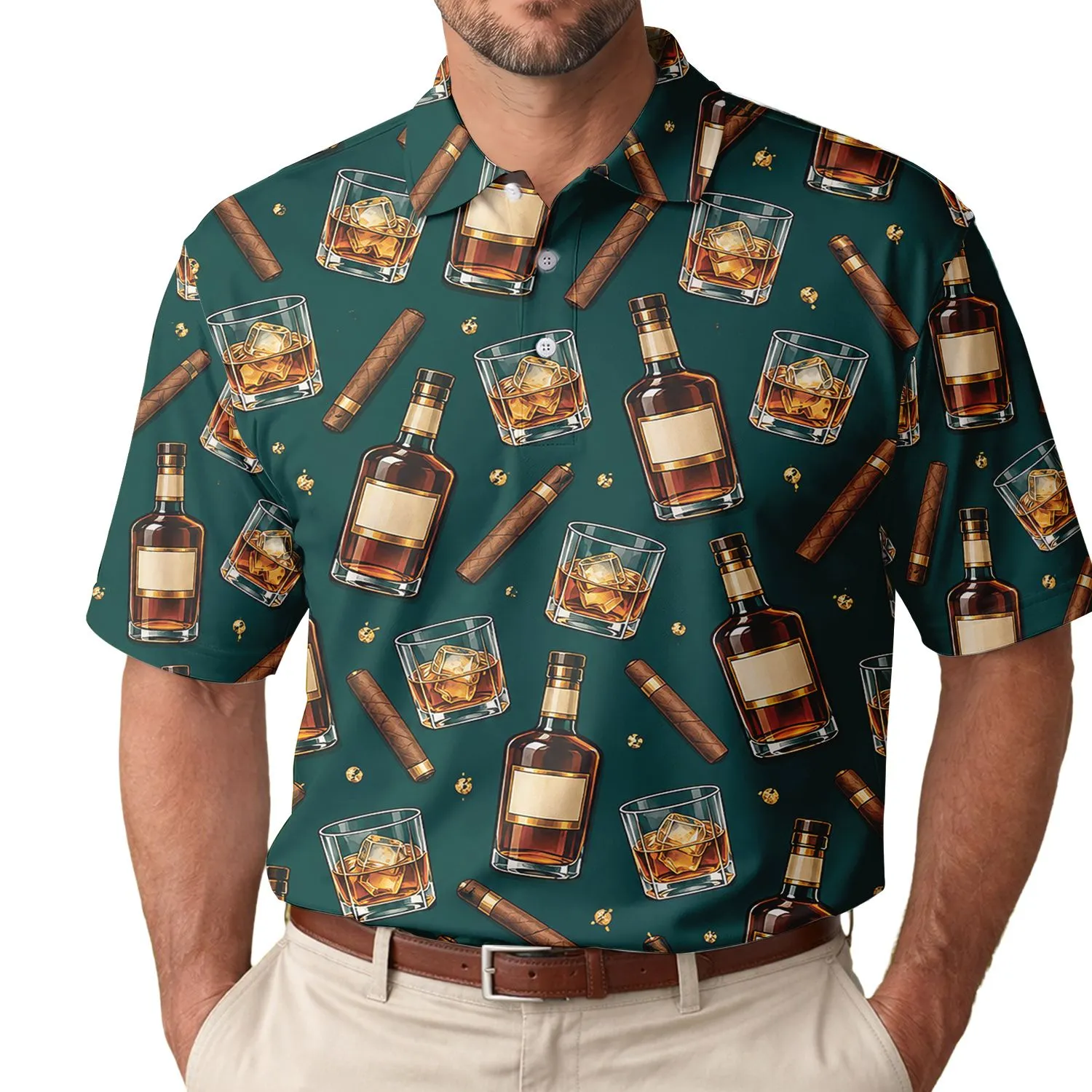 Whiskey Bottles, Bourbon Tumblers and Cigars for Tropical Summer Parties and Relaxed Evenings Men's Polo Shirt - 1