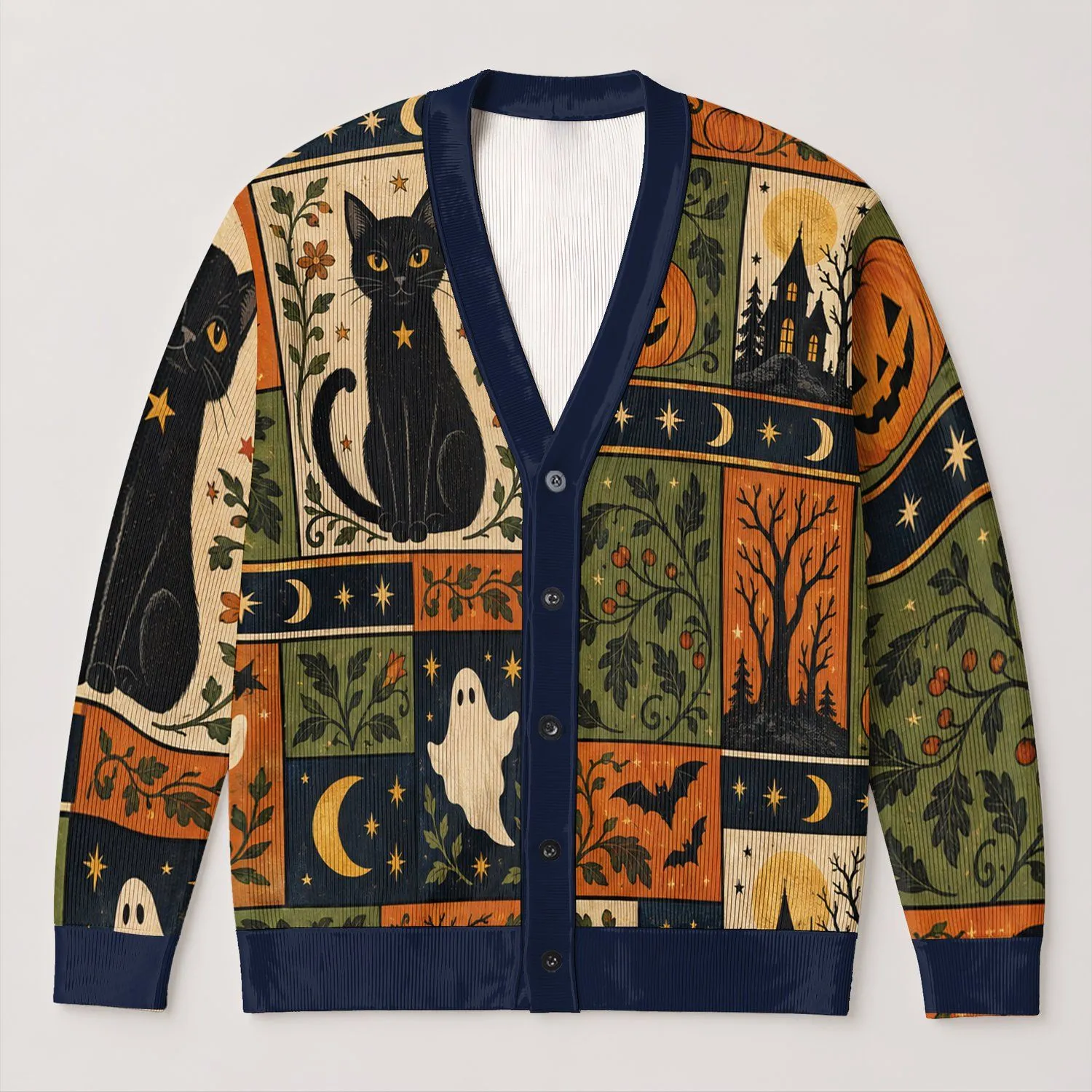 Black Cat Ghost Pumpkin Halloween Patchwork for Cozy Spooky Season Fall Festival Wear All-over Print Knitted Cardigan - 1