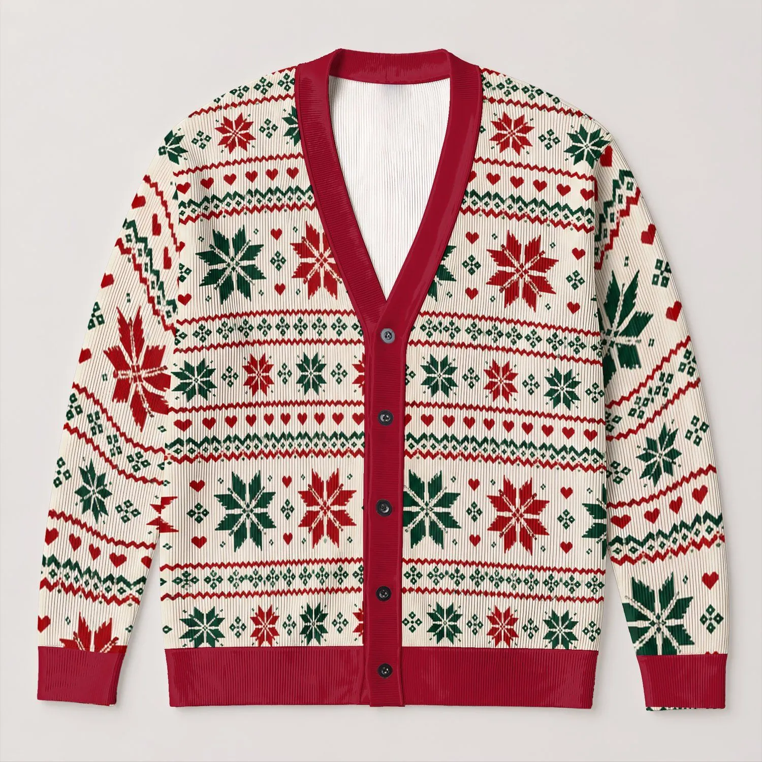 Nordic Snowflake Hearts for Cozy Christmas Gatherings and Festive Winter Days at Home All-over Print Knitted Cardigan - 1