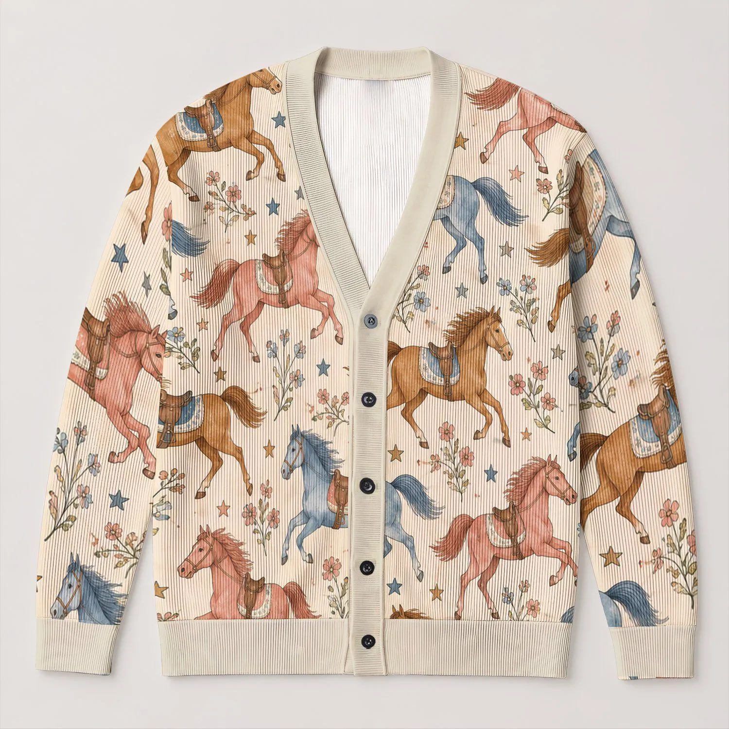 Vintage Carousel Horses for Equestrian Weekend Style and Women's Casual Autumn Layering All-over Print Knitted Cardigan - 1
