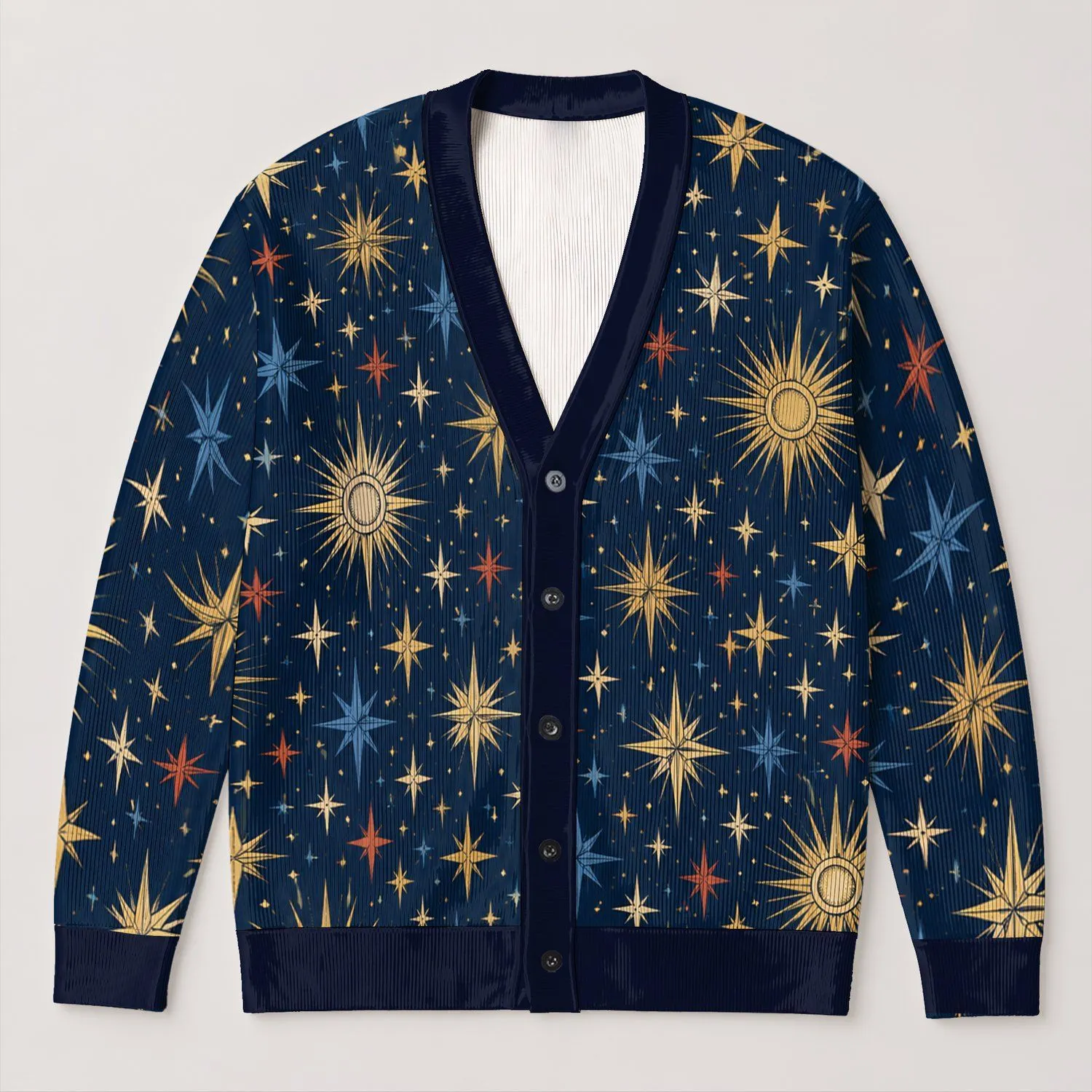 Navy Celestial Starburst Motifs for Autumn Outings and Vacation Layering for Women All-over Print Knitted Cardigan - 1
