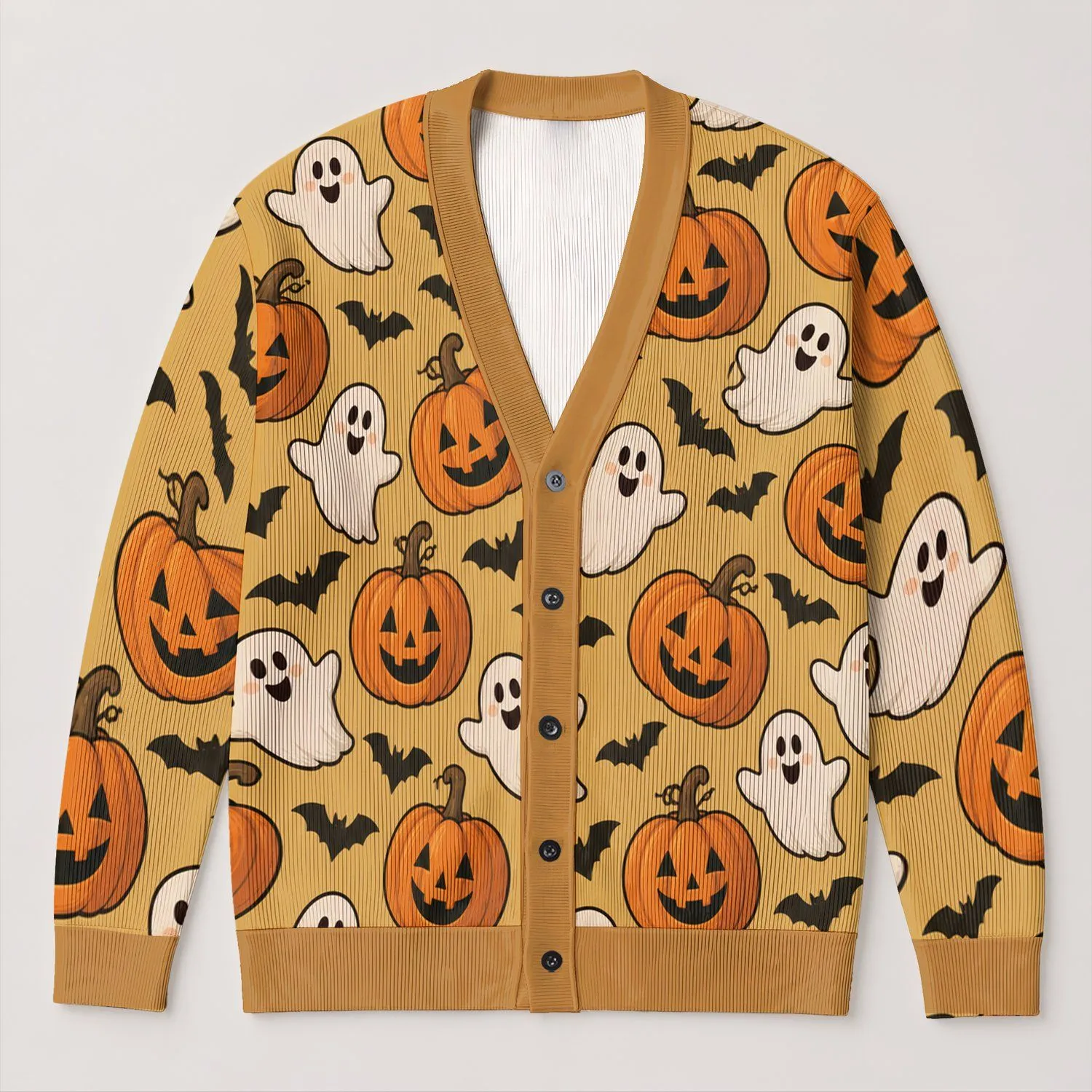 Pumpkin Ghost Halloween Autumn Style For Women, Cozy Vacation And Date-Ready Layering All-over Print Knitted Cardigan - 1