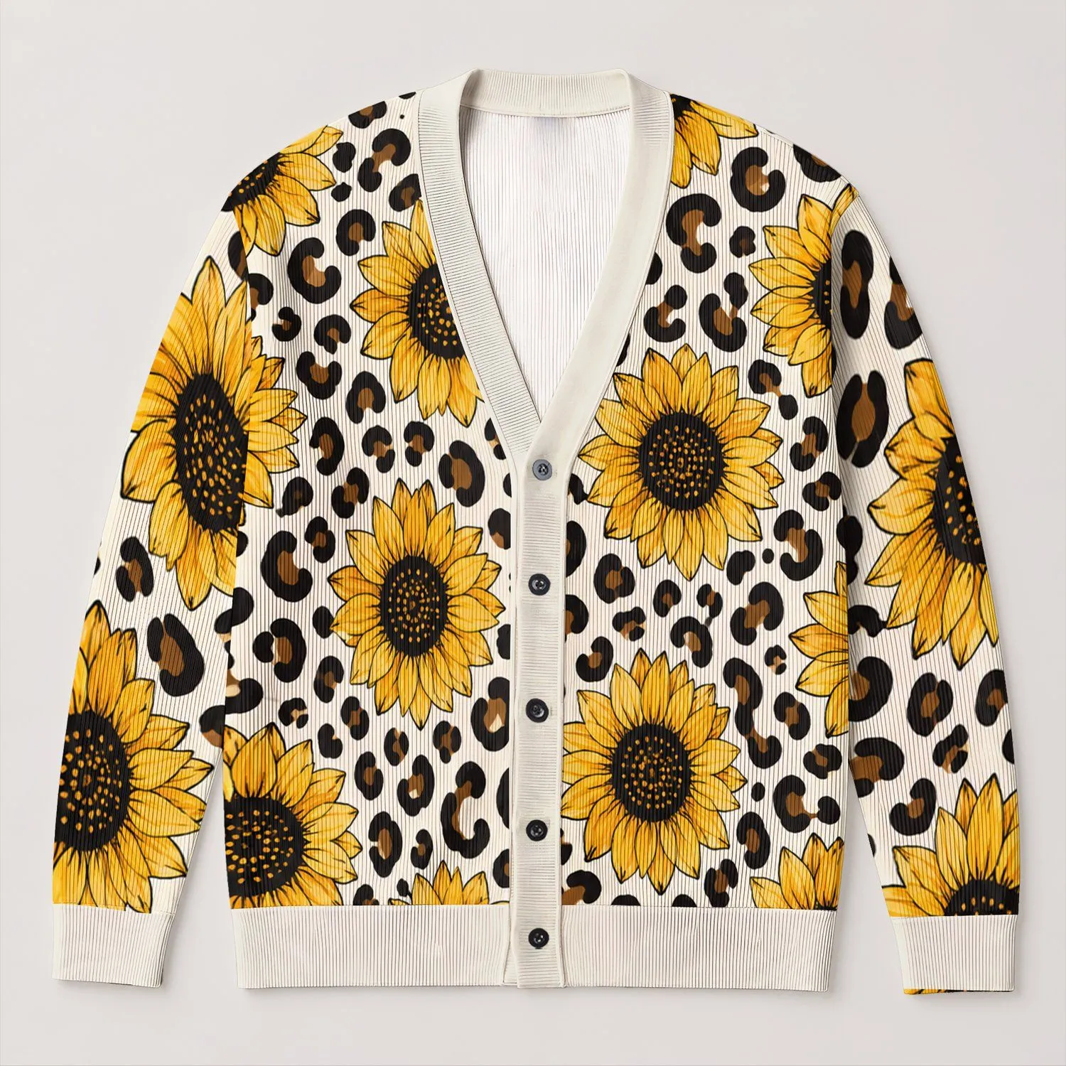 Sunflower Leopard Floral Boho Layering Style for Fall and Winter Outfits for Women All-over Print Knitted Cardigan - 1