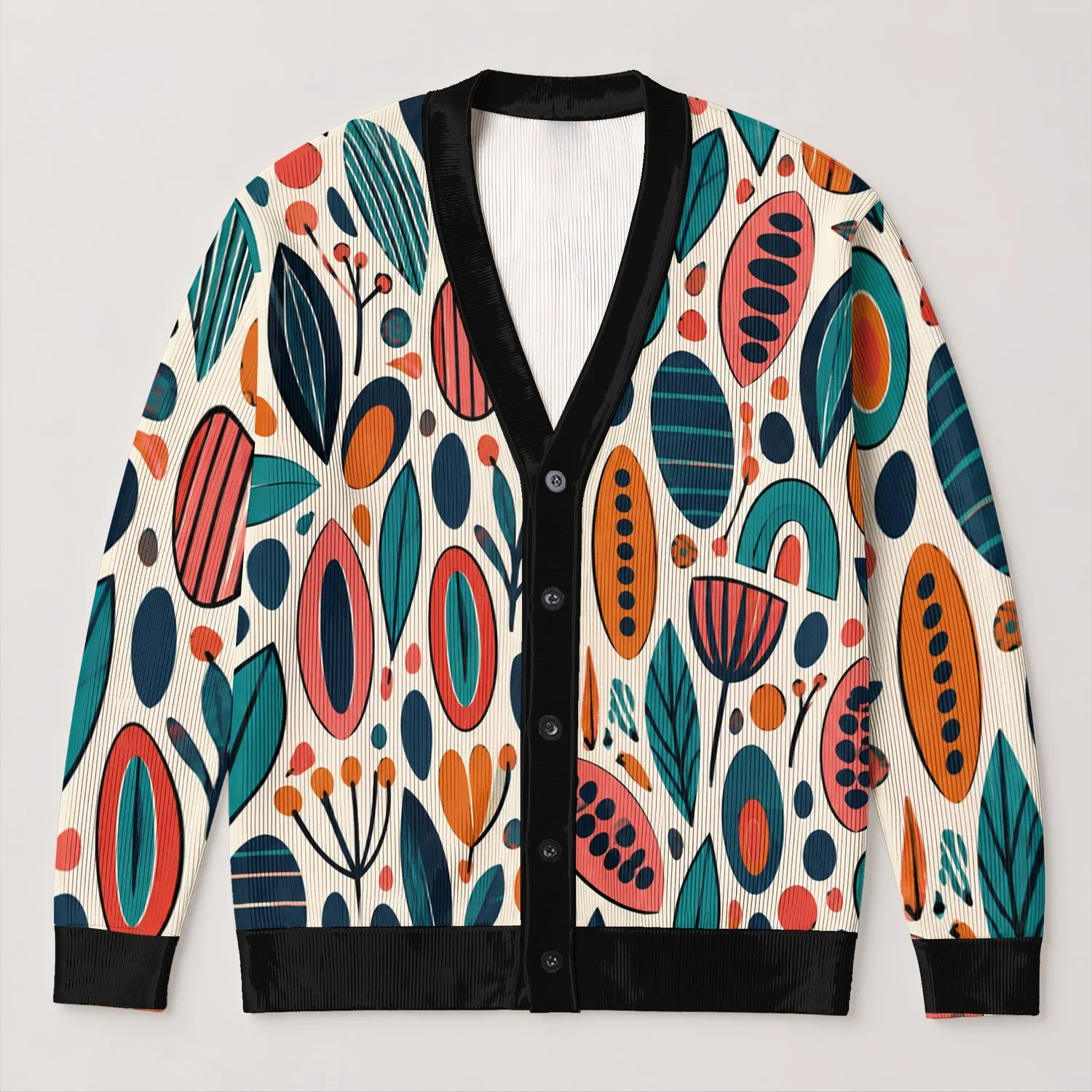 Abstract Geometric Botanical Shapes for Colorful Autumn Layering and Everyday Style All-over Print Knitted Cardigan - 1