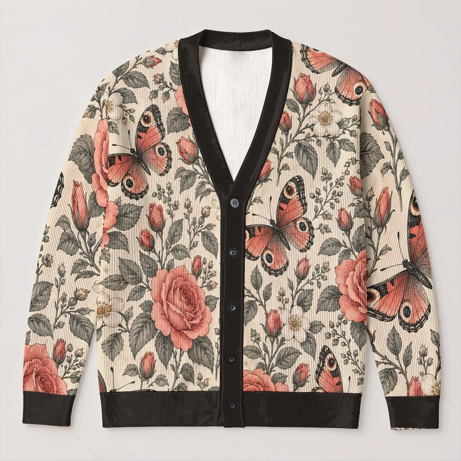 Rose And Butterfly Botanical Motif For Everyday Layering, Women’s Romantic Garden Style All-over Print Knitted Cardigan - 1
