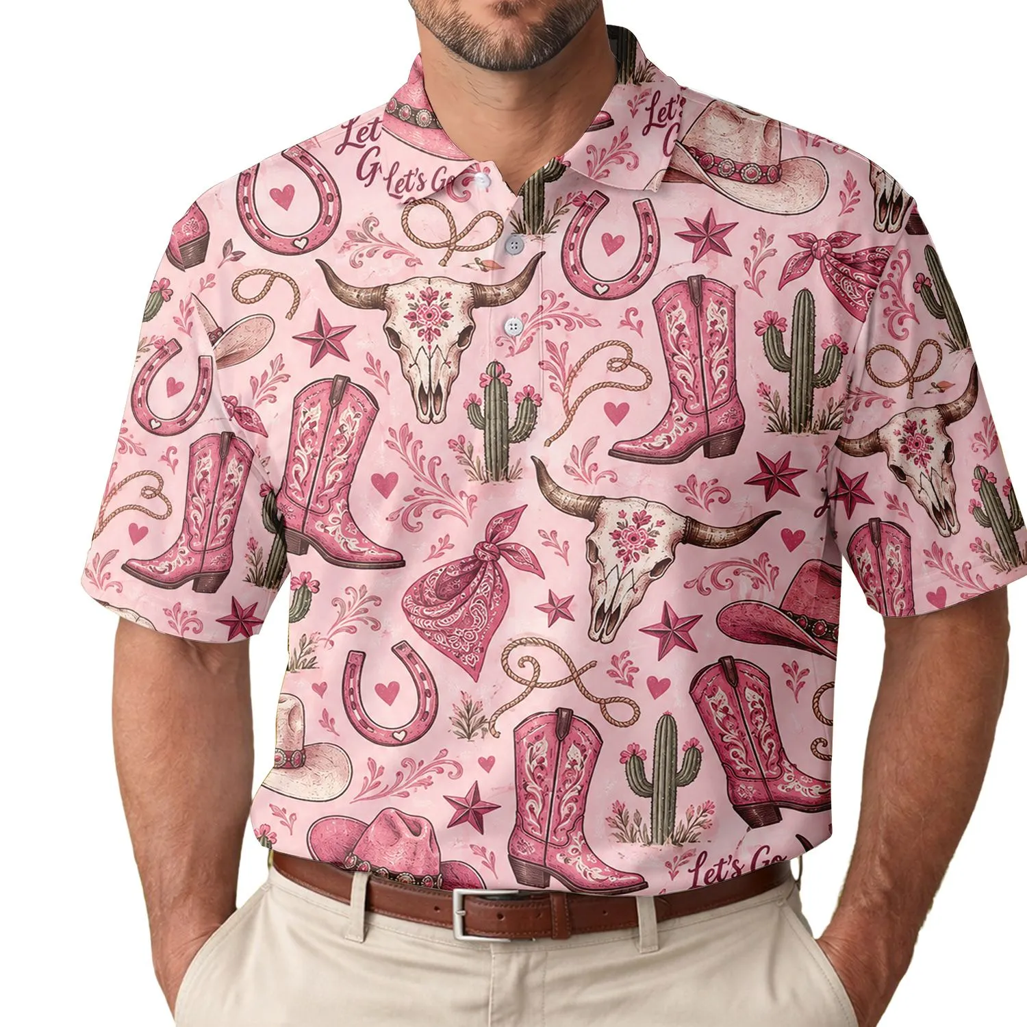 Pink Cowgirl Boots And Horseshoes For Western Golf Days And Country Team Outings Men's Polo Shirt - 1