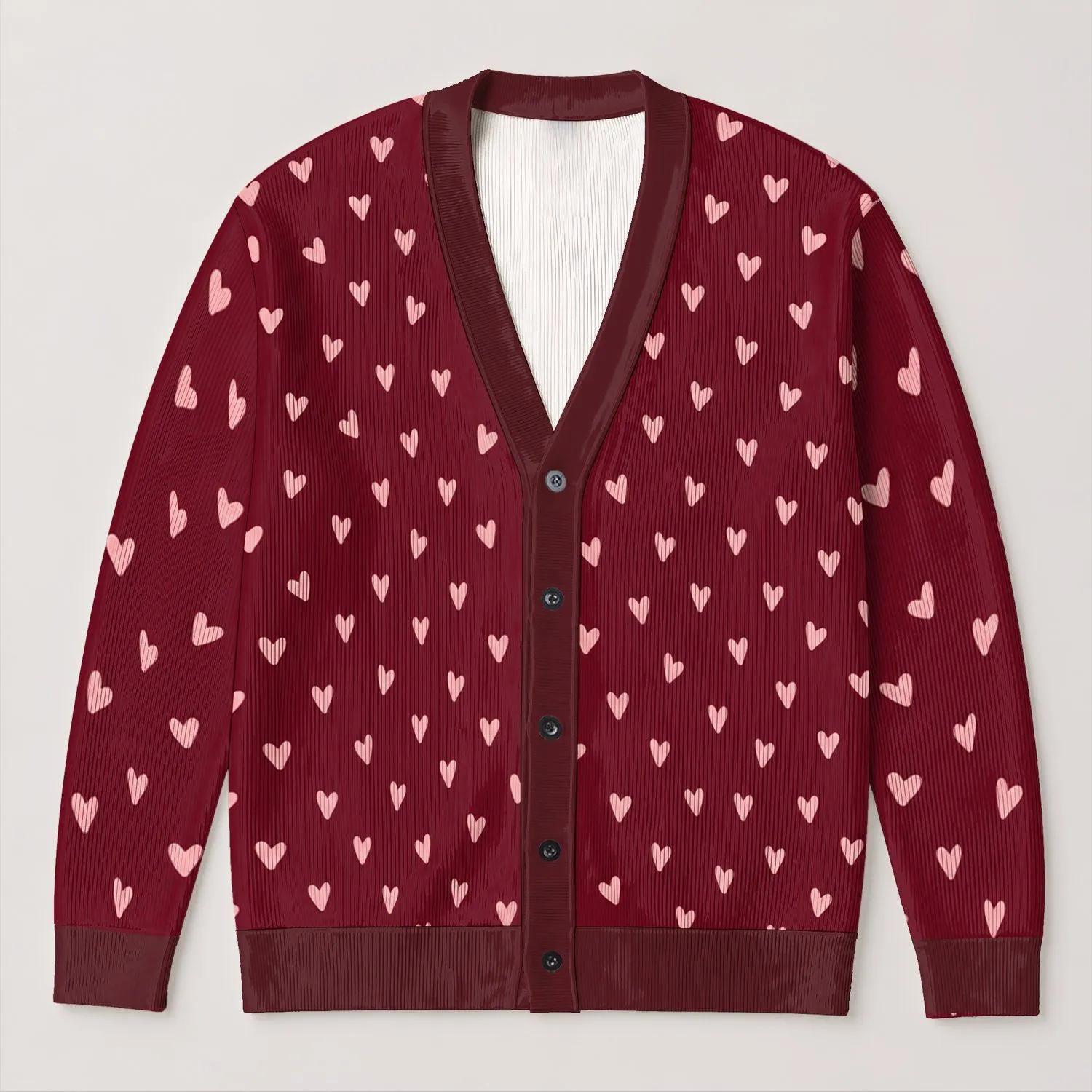 Deep Burgundy Hearts for Cozy Autumn Outings, Romantic Dates, and Weekend Layering All-over Print Knitted Cardigan - 1
