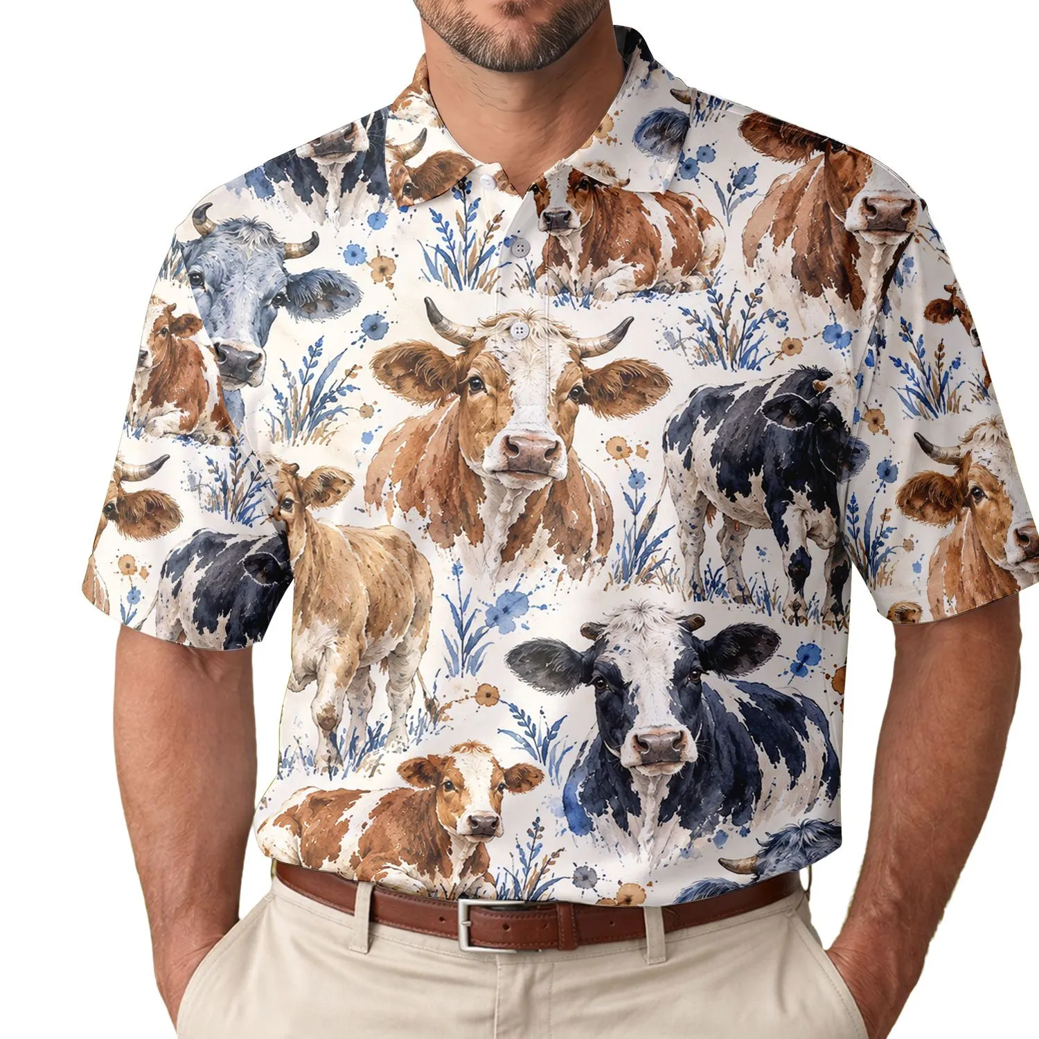 Watercolor Cow Herd in Blue and Brown for Farm Days, Ranch Weekends, and Country Style Men's Polo Shirt - 1