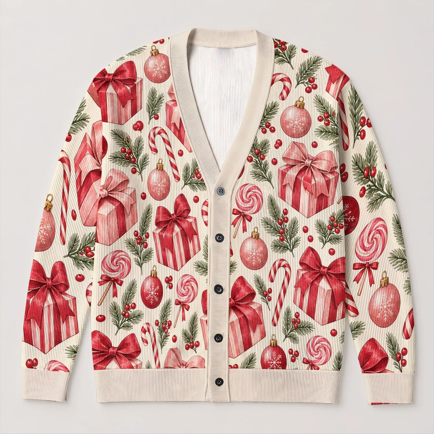 Pink Christmas Gift Bows And Ornaments For Festive Winter Layering Women’s Holiday Style All-over Print Knitted Cardigan - 1