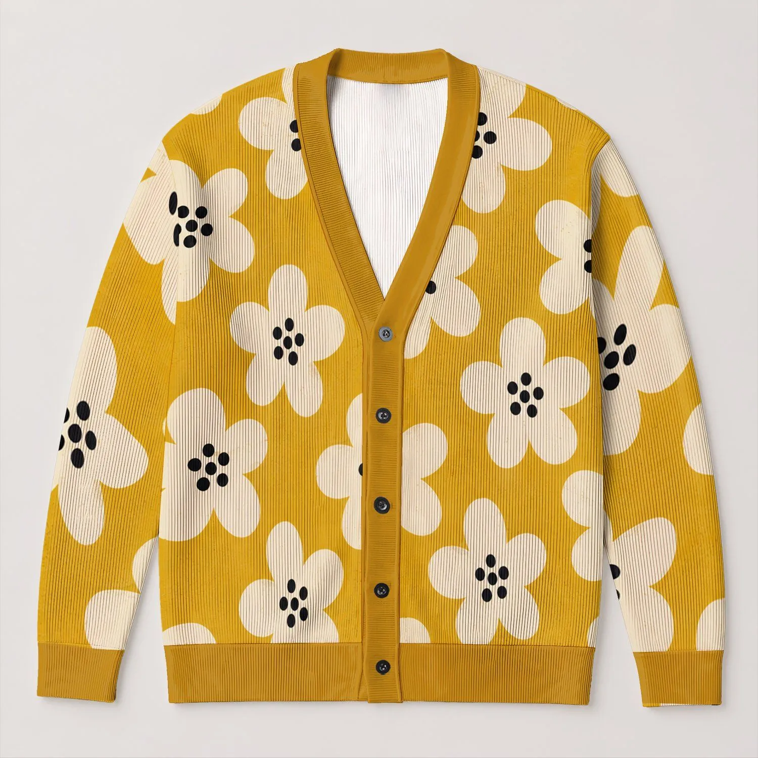 Mustard White Daisy Blooms for Cozy Fall Layering and Relaxed Everyday Casual Outfits All-over Print Knitted Cardigan - 1